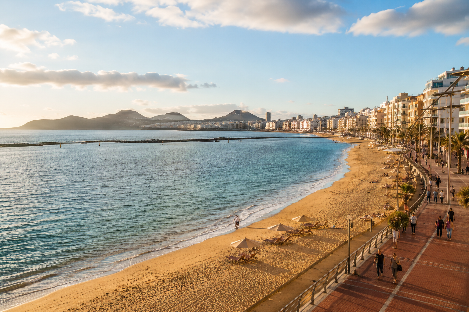 Las Canteras Beach in Las Palmas de Gran Canaria with the promenade and city coastline