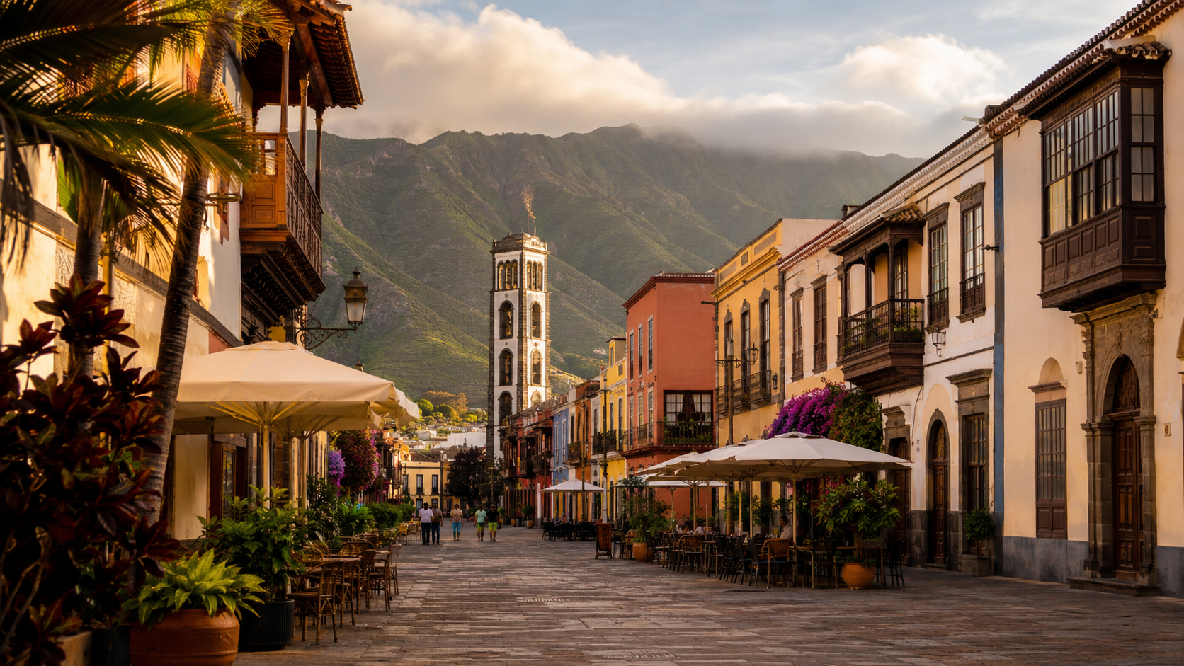 Historic streets of La Laguna with green Anaga mountains in Tenerife