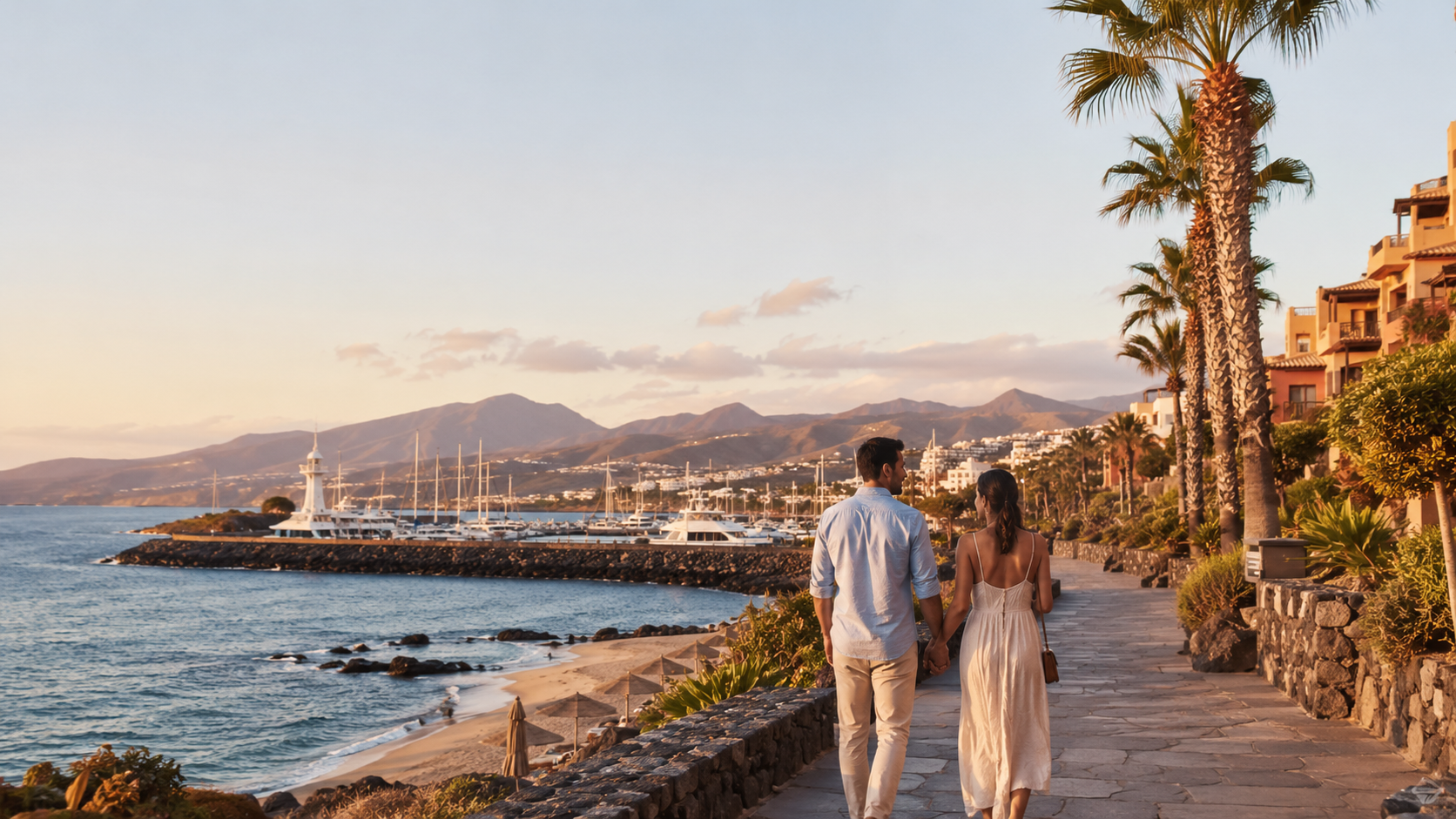 Couple walking along a Canary Islands seafront promenade at sunset with marina and beach views