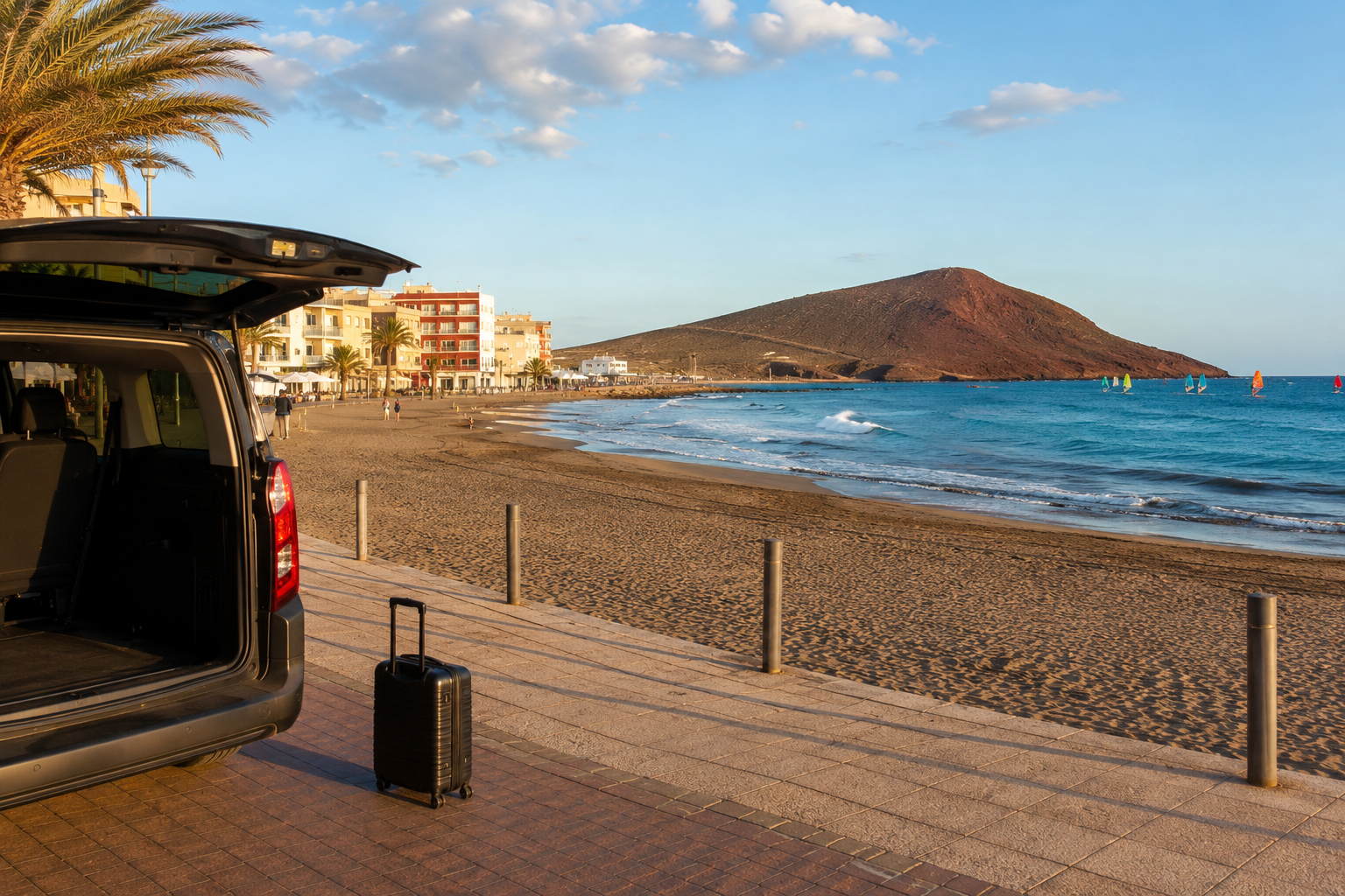 El Medano beach and Montaña Roja in Tenerife for an airport transfer guide