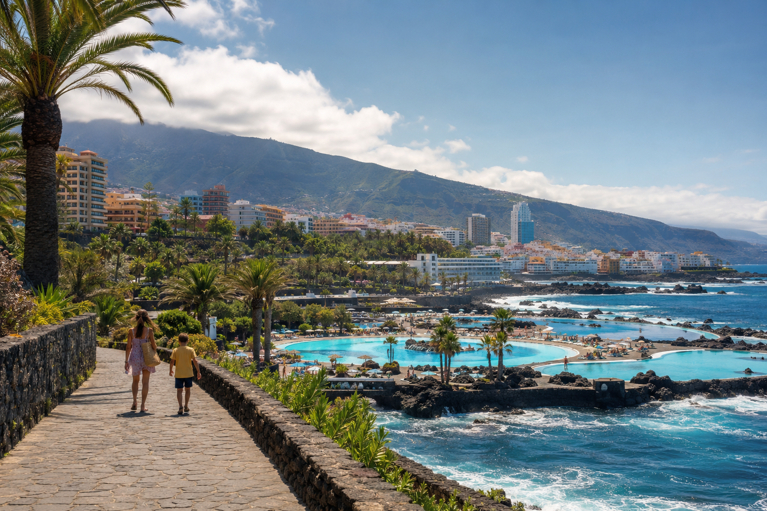 Family walking beside the Lago Martianez promenade in Puerto de la Cruz, Tenerife