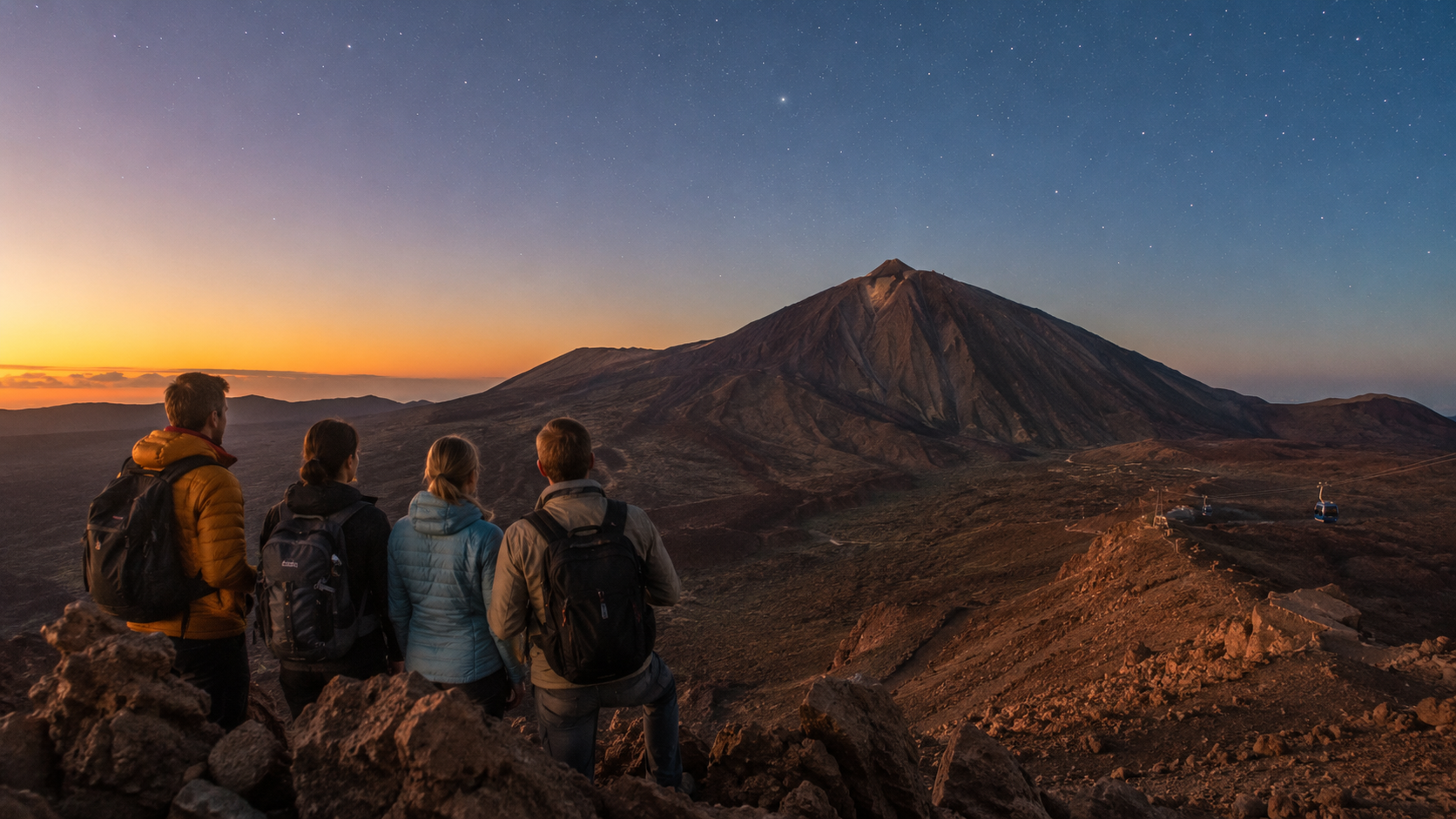 Travelers watching sunset and stars over Mount Teide in Tenerife