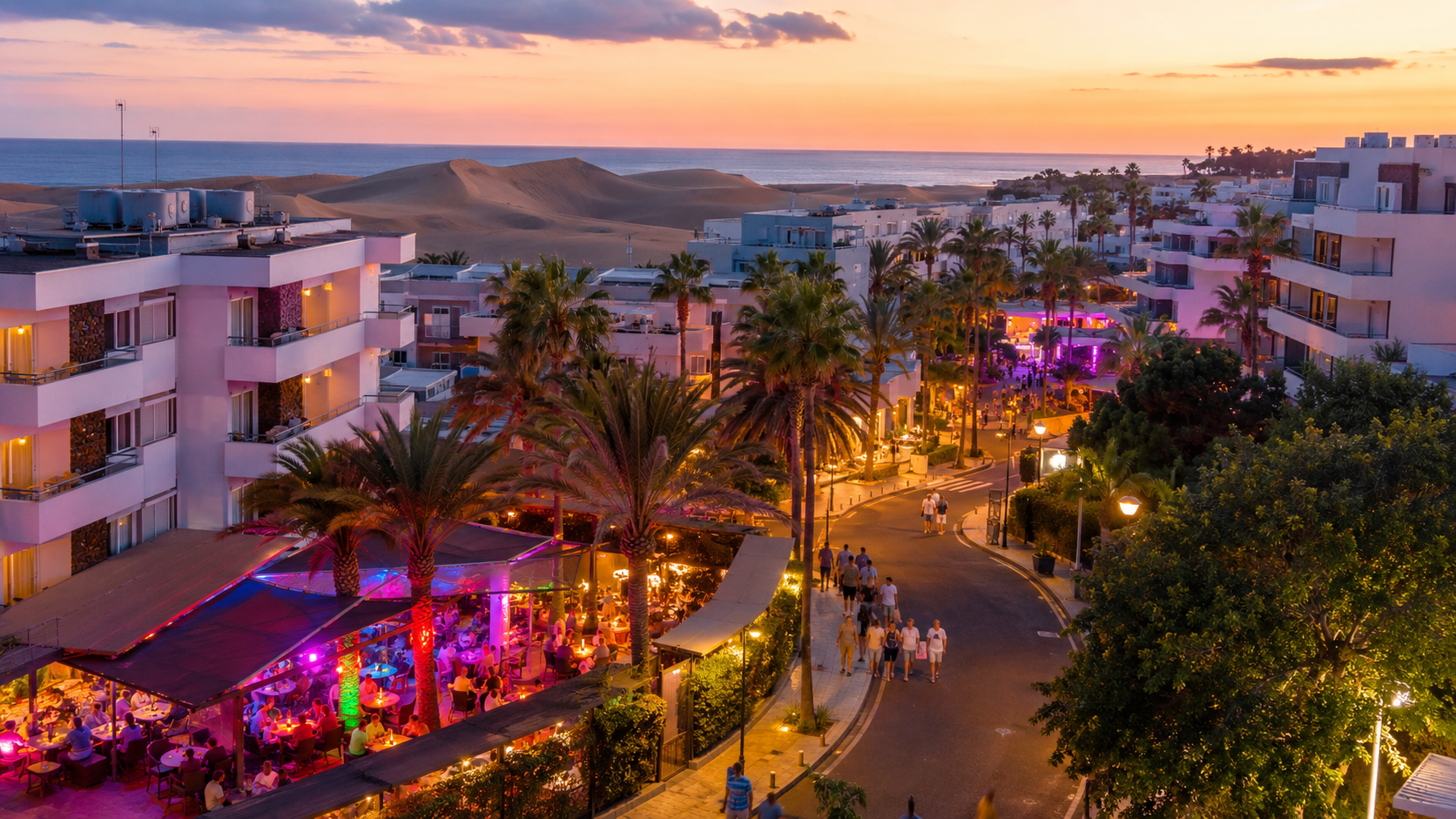 Evening hotel and nightlife scene near Yumbo Centre in Playa del Ingles, Gran Canaria