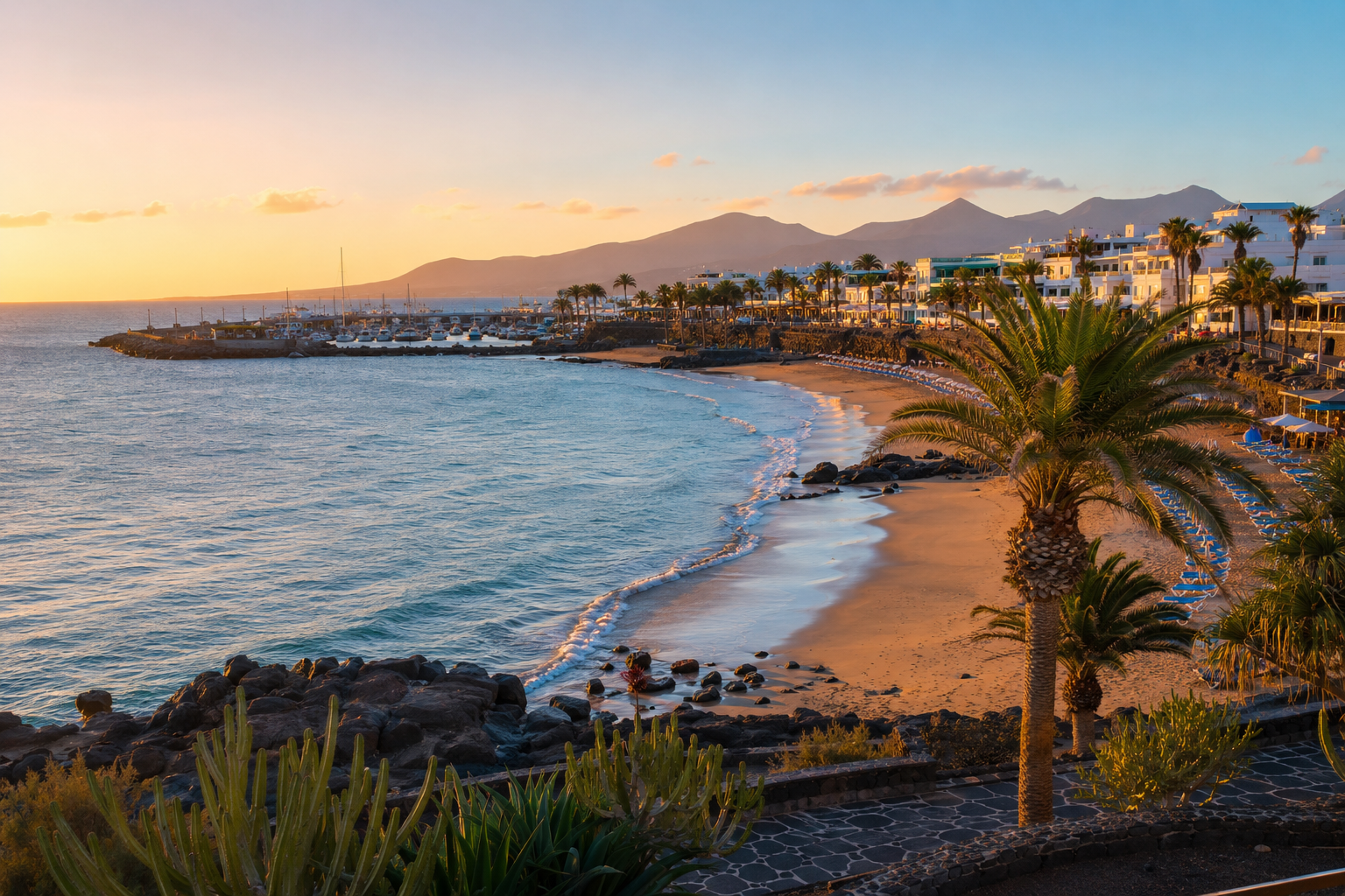Golden-hour view of Puerto del Carmen coastline in Lanzarote for couples choosing where to stay