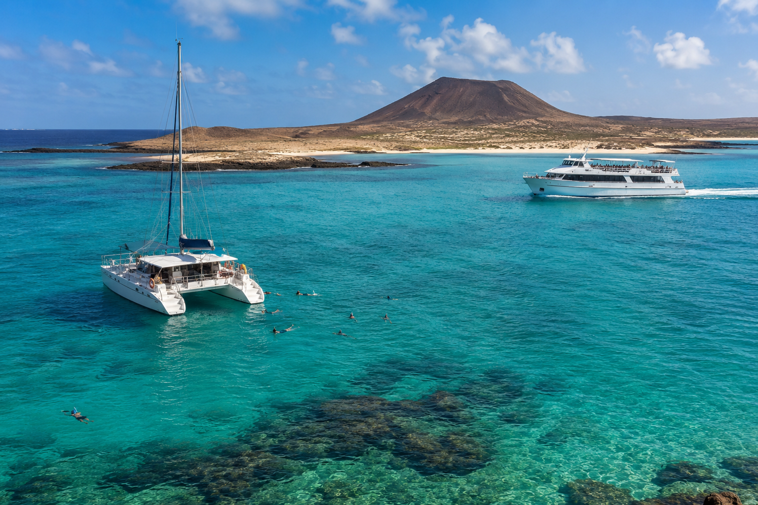 Boat trip from Corralejo to Lobos Island in Fuerteventura with clear turquoise water