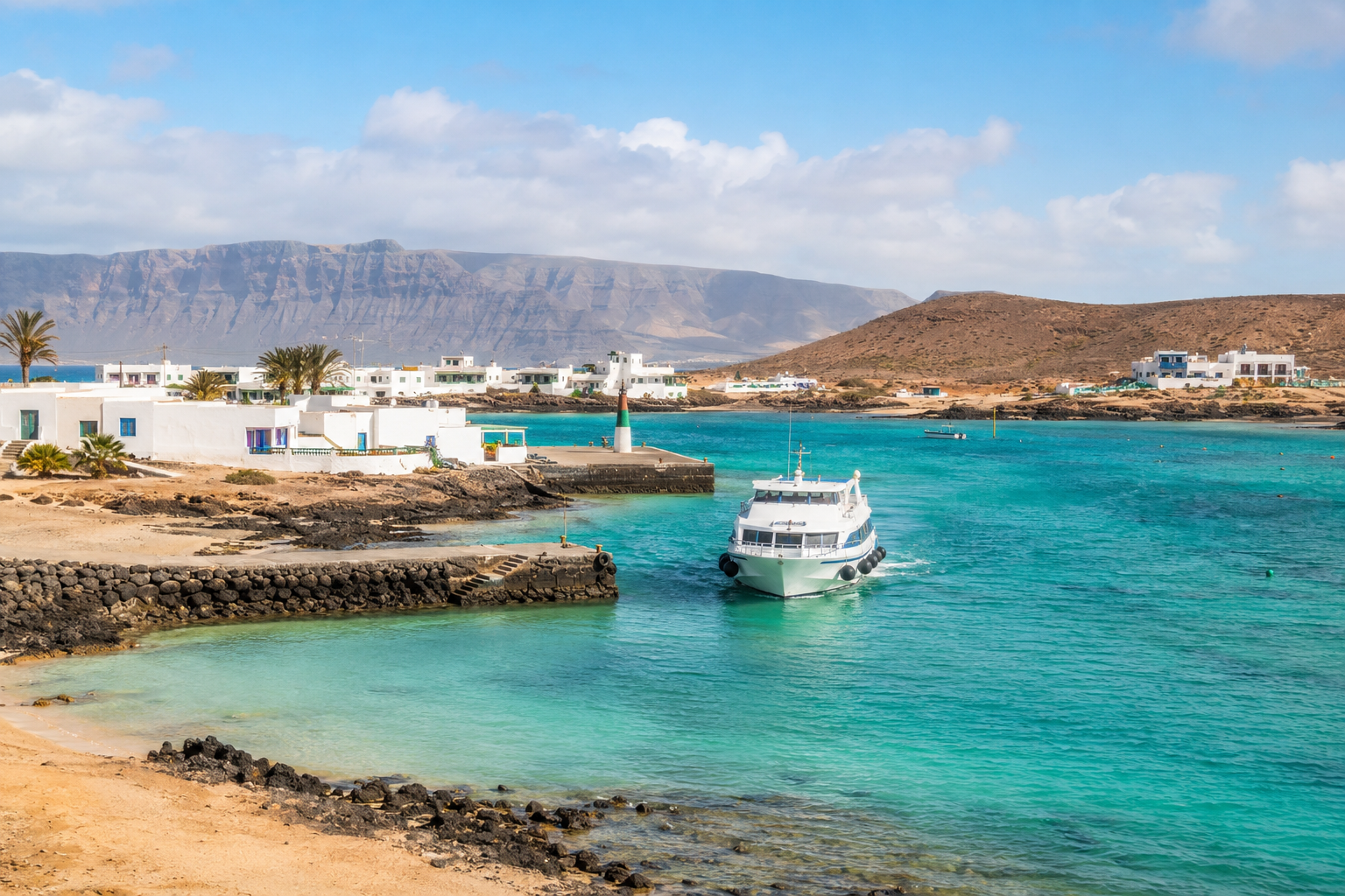 Ferry arriving at Caleta de Sebo on La Graciosa with turquoise water and Lanzarote cliffs