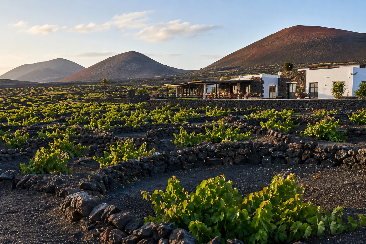 Volcanic vineyards in La Geria, Lanzarote, with traditional vine pits and winery scenery