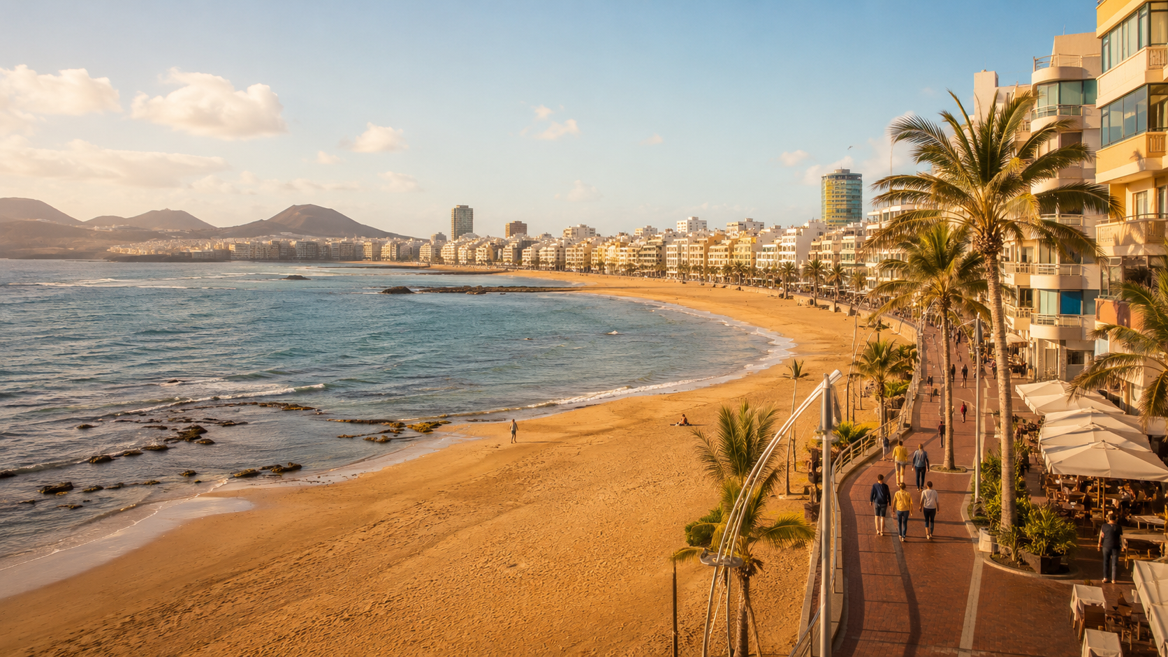 Las Canteras Beach promenade and city beachfront in Las Palmas de Gran Canaria