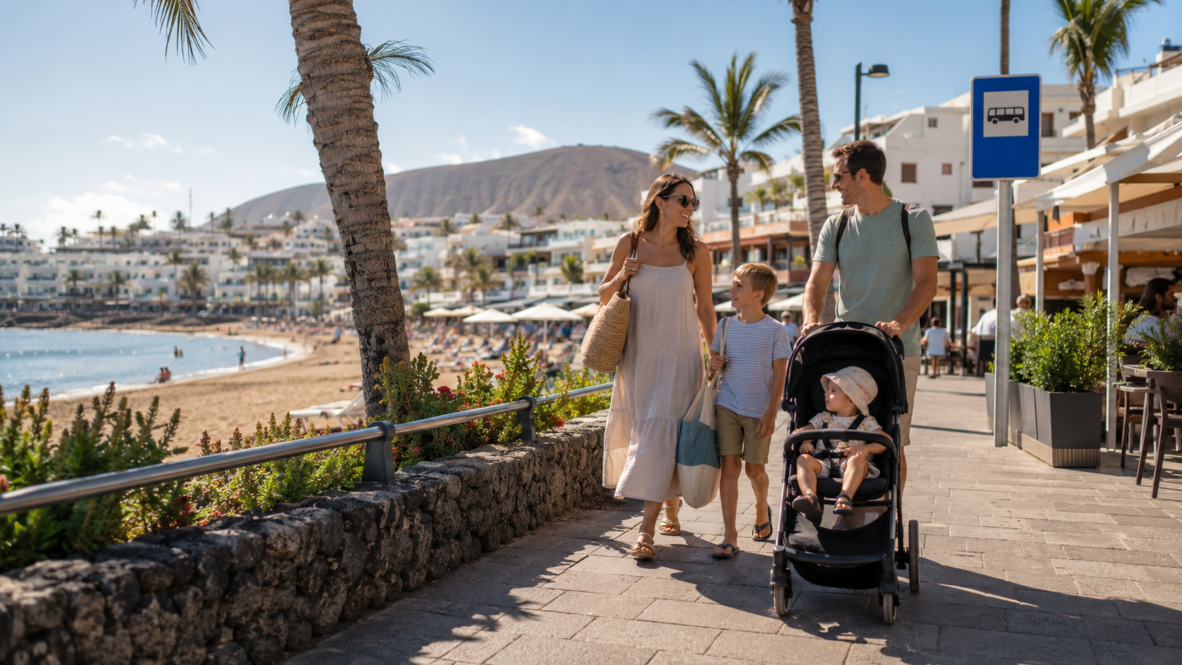 Family walking along a Canary Islands resort promenade beside a calm beach, ideal for a holiday without renting a car
