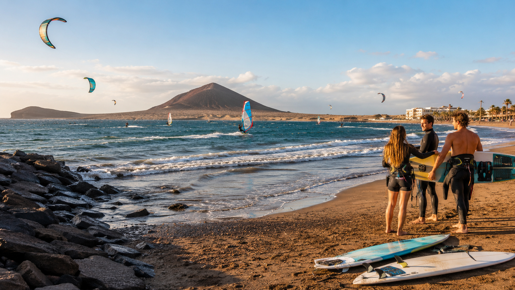 Windsurfers and surfers on the south Tenerife coast near El Medano and Playa de las Americas