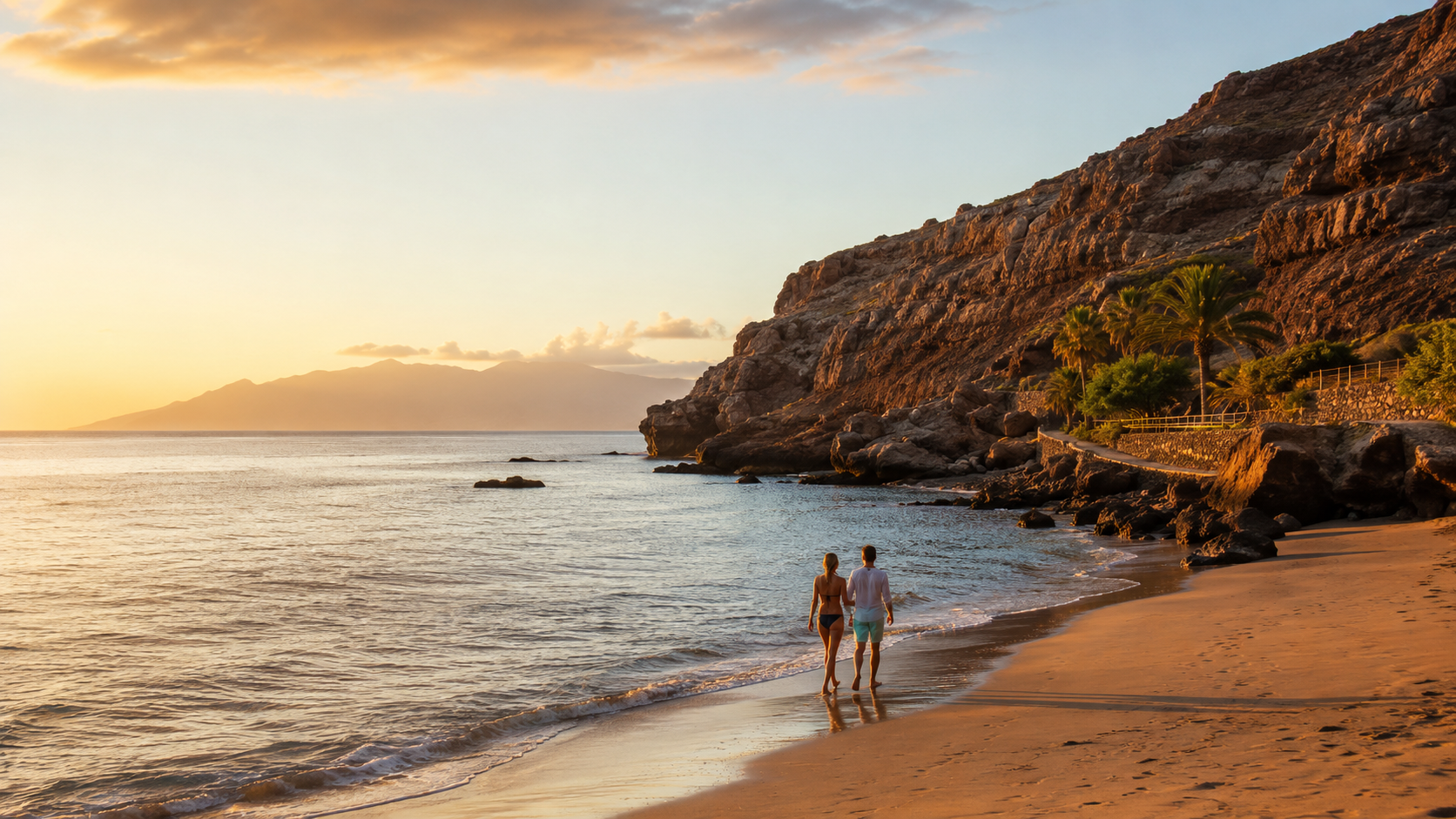 Couple walking on a quiet Tenerife beach at sunset with volcanic cliffs and the Atlantic Ocean
