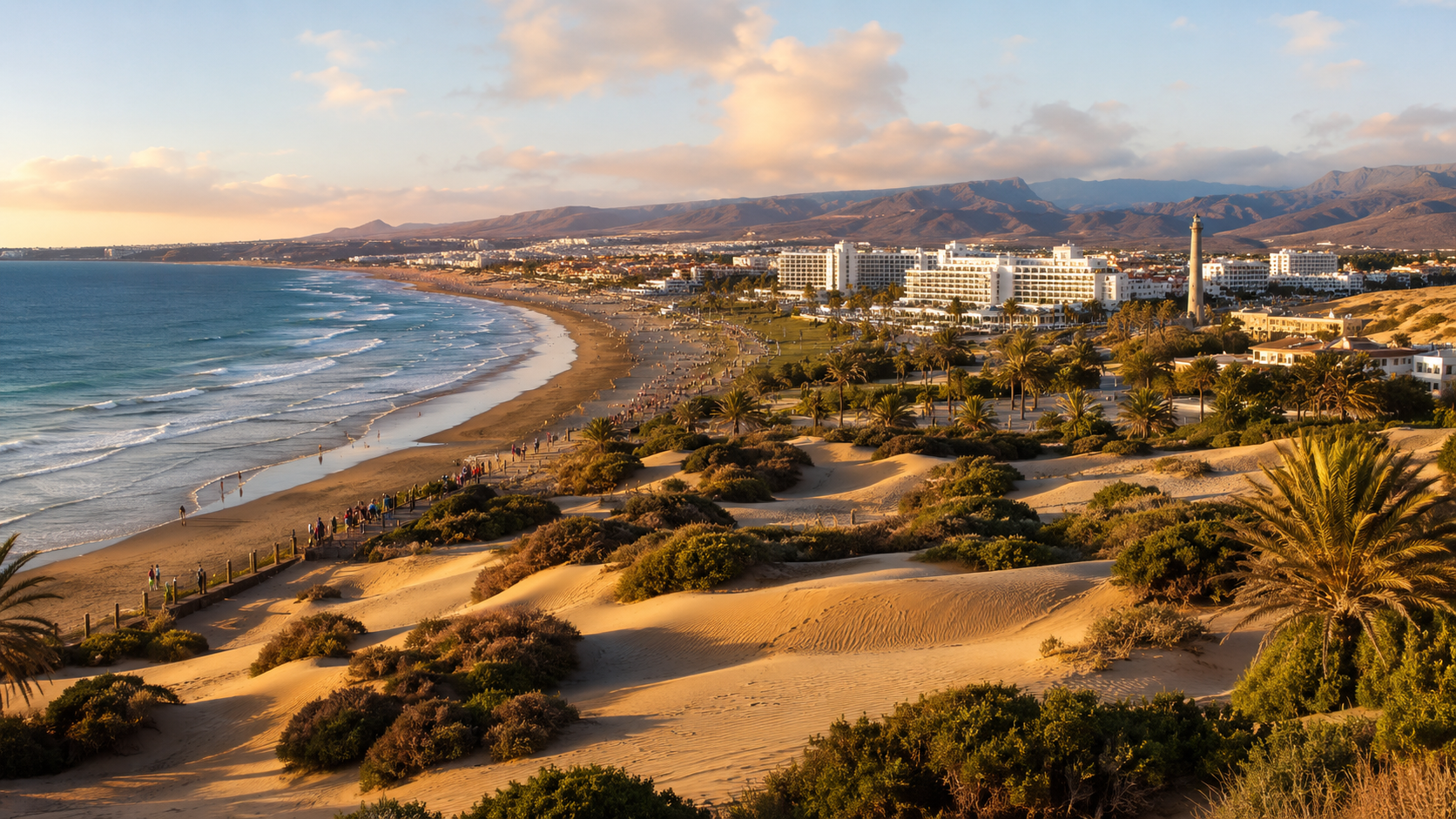 Golden-hour view of Playa del Ingles, Maspalomas Dunes and resort hotels in Gran Canaria