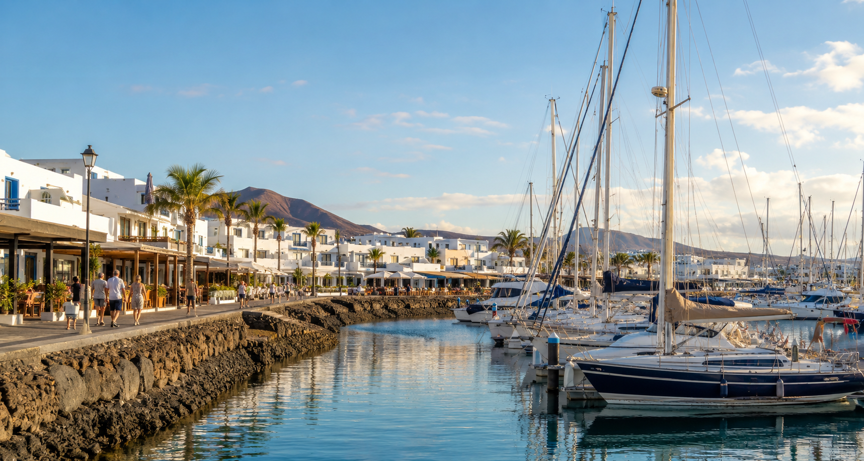 Marina Rubicon waterfront in Playa Blanca Lanzarote with yachts and promenade restaurants