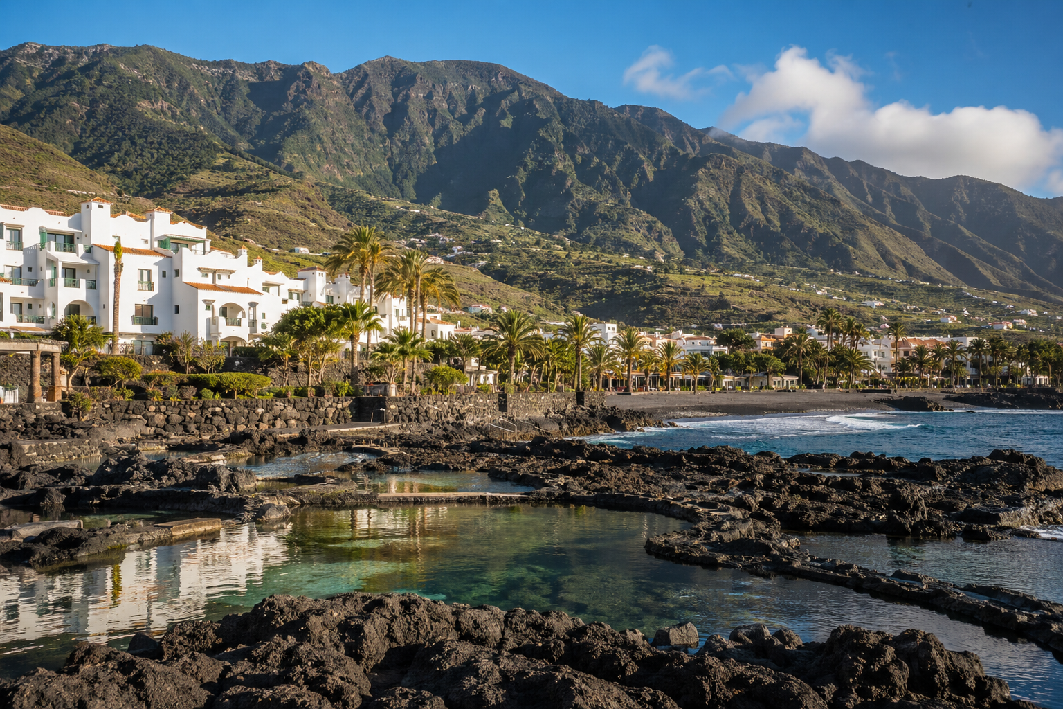 Black-sand coast and volcanic beach resort scenery in La Palma, Canary Islands