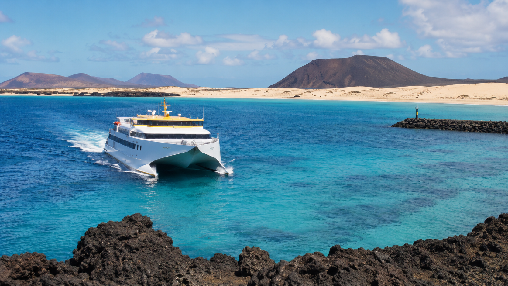 Ferry crossing between Lanzarote and Fuerteventura with Corralejo dunes and Atlantic sea views