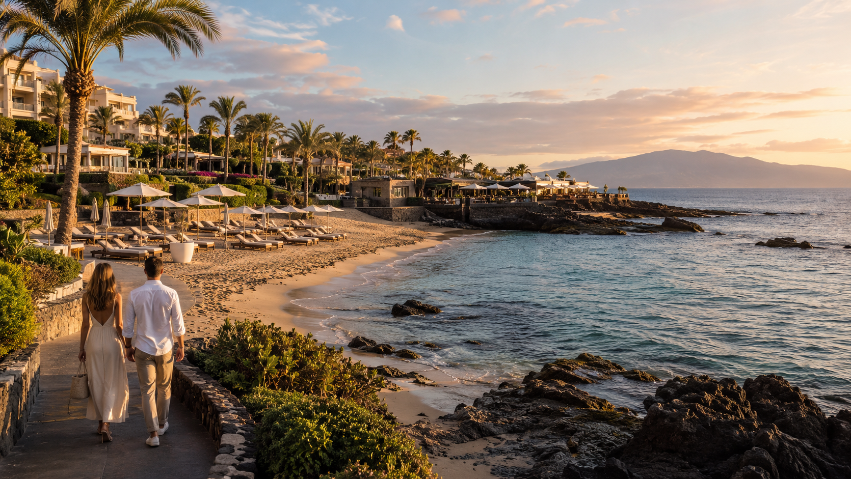 Playa del Duque and La Caleta coastline in Costa Adeje, Tenerife at sunset
