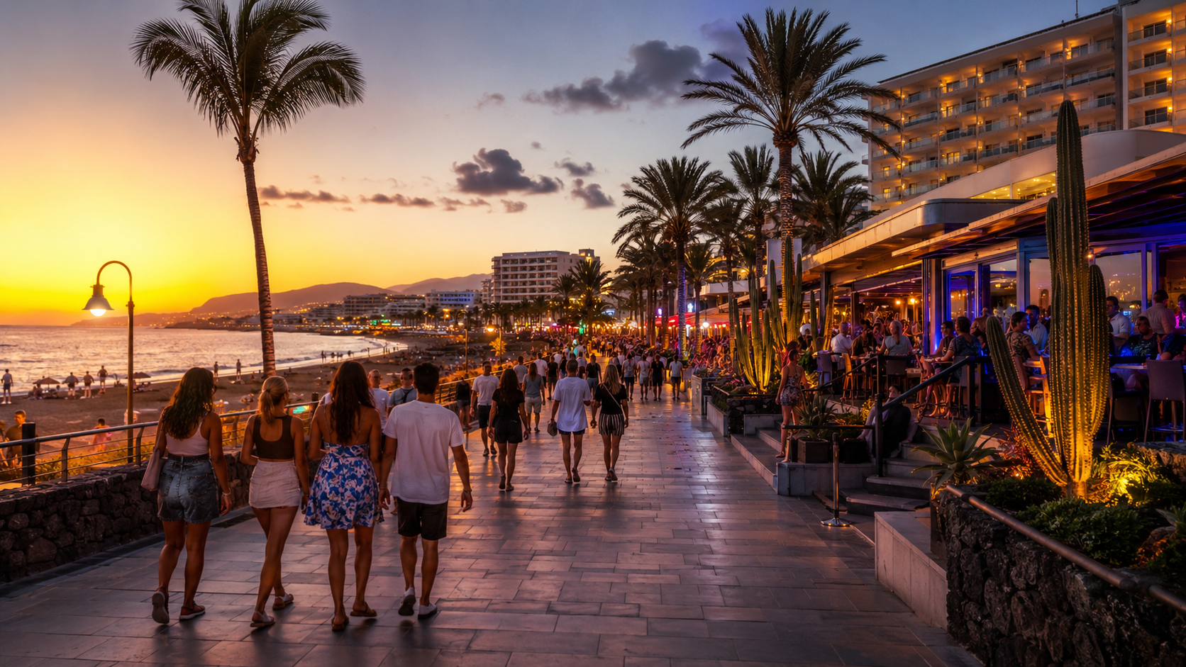 Evening resort promenade for a Playa de las Americas vs Playa del Ingles nightlife holiday comparison