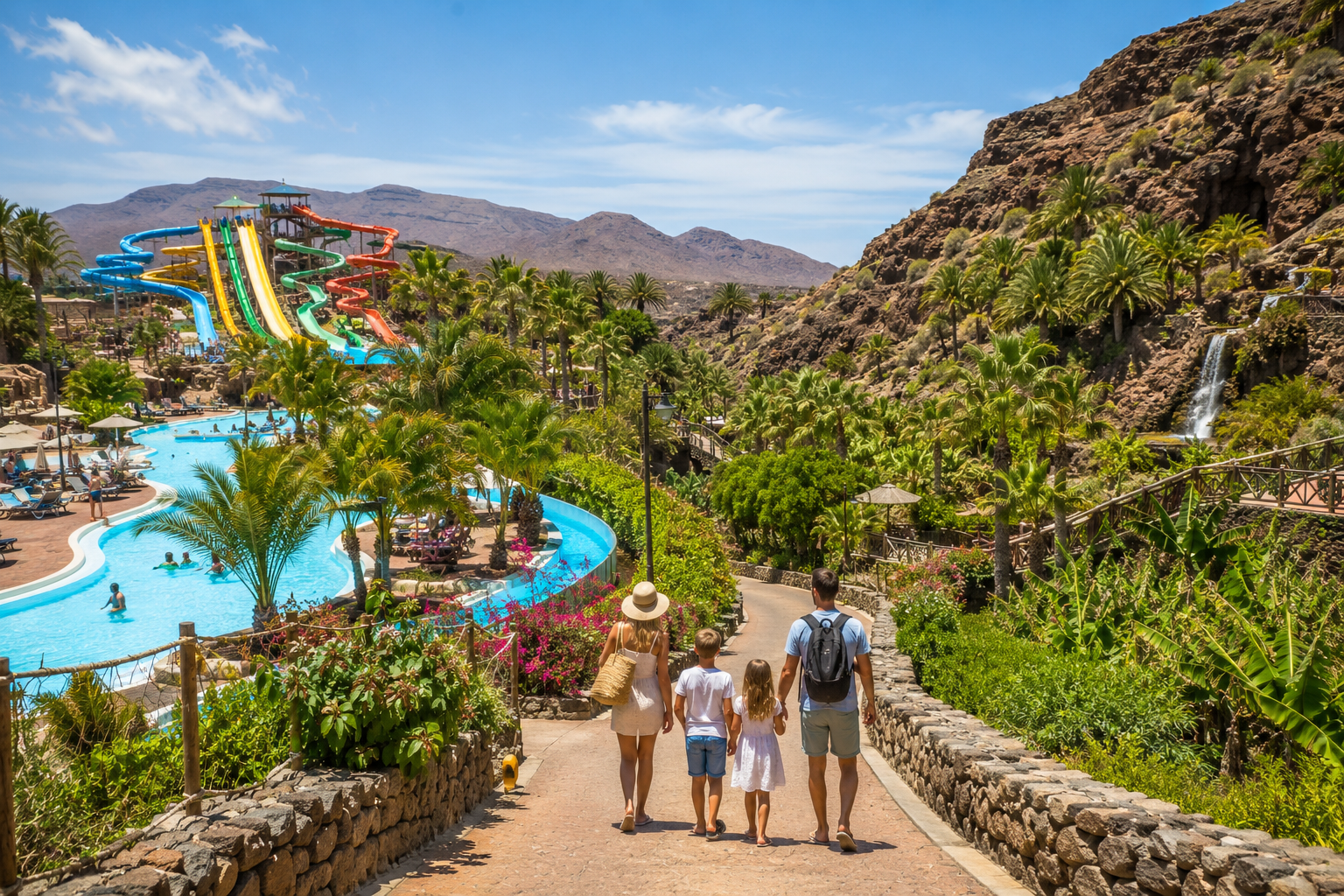 Family choosing between Aqualand Maspalomas water park and Palmitos Park in Gran Canaria
