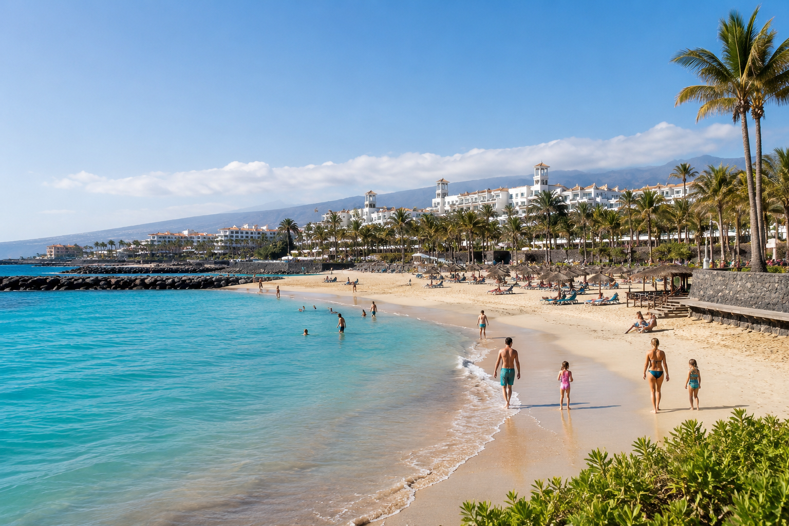 Family-friendly beach in Tenerife with calm water, golden sand and a resort promenade