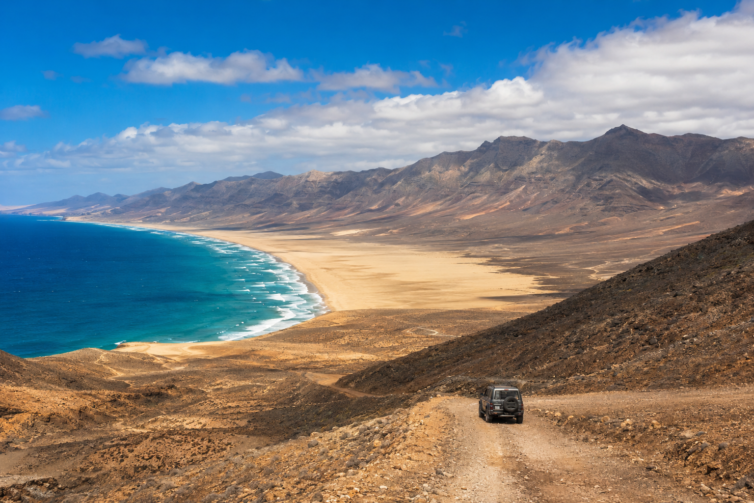 View over Cofete Beach and the Jandia mountains from the road above Morro Jable in Fuerteventura