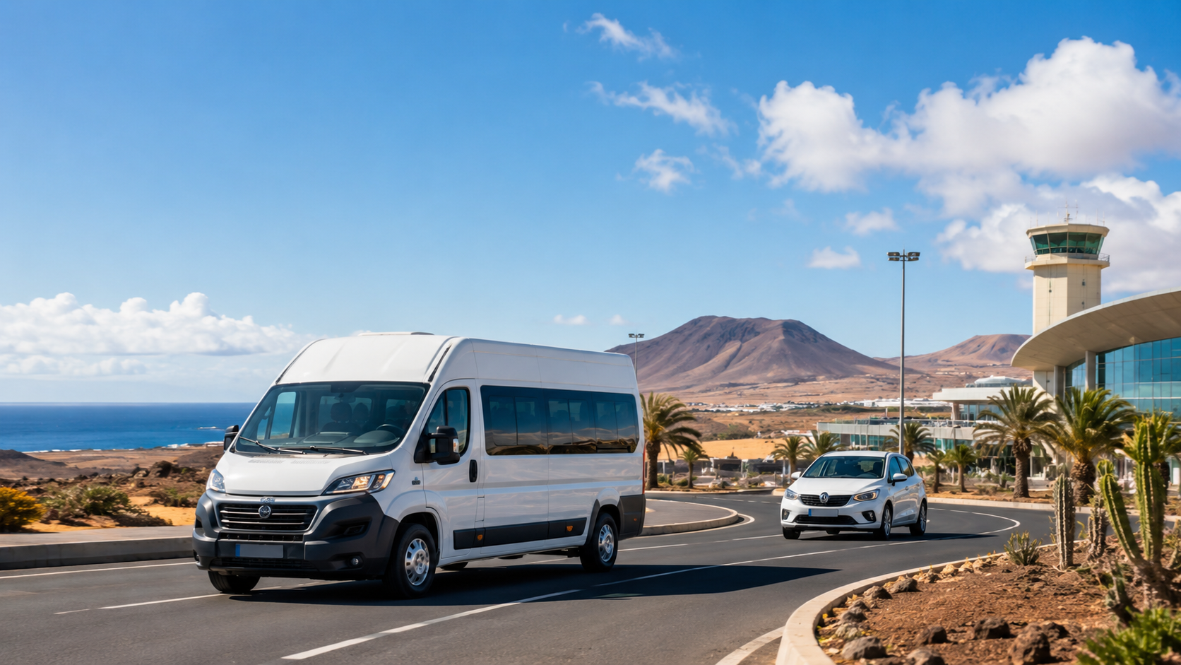 Airport transfer minibus and rental car on a sunny road in Fuerteventura
