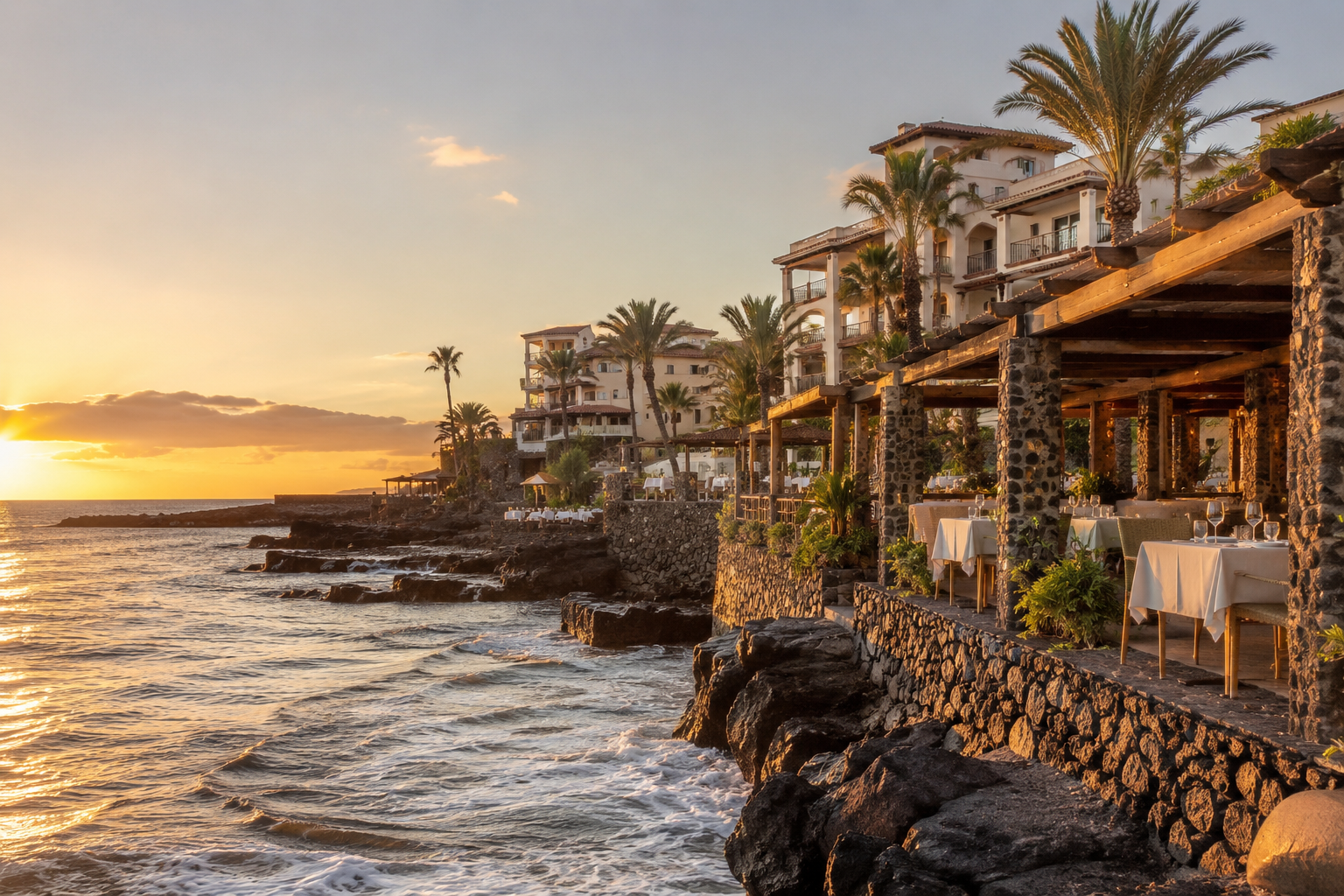 Golden-hour view of La Caleta in Tenerife with seafront restaurant terraces and upscale resort hotels