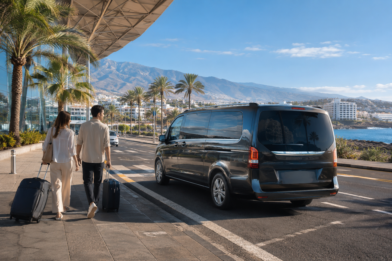 Airport transfer vehicle heading from Tenerife South Airport toward Costa Adeje resorts