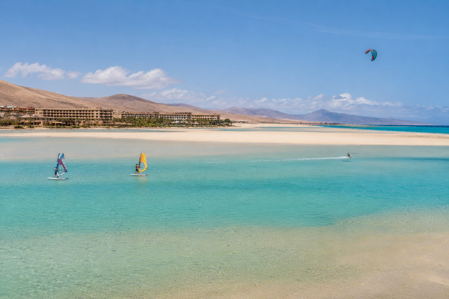 Sotavento Beach lagoon near Costa Calma with windsurfers and beach hotels in Fuerteventura