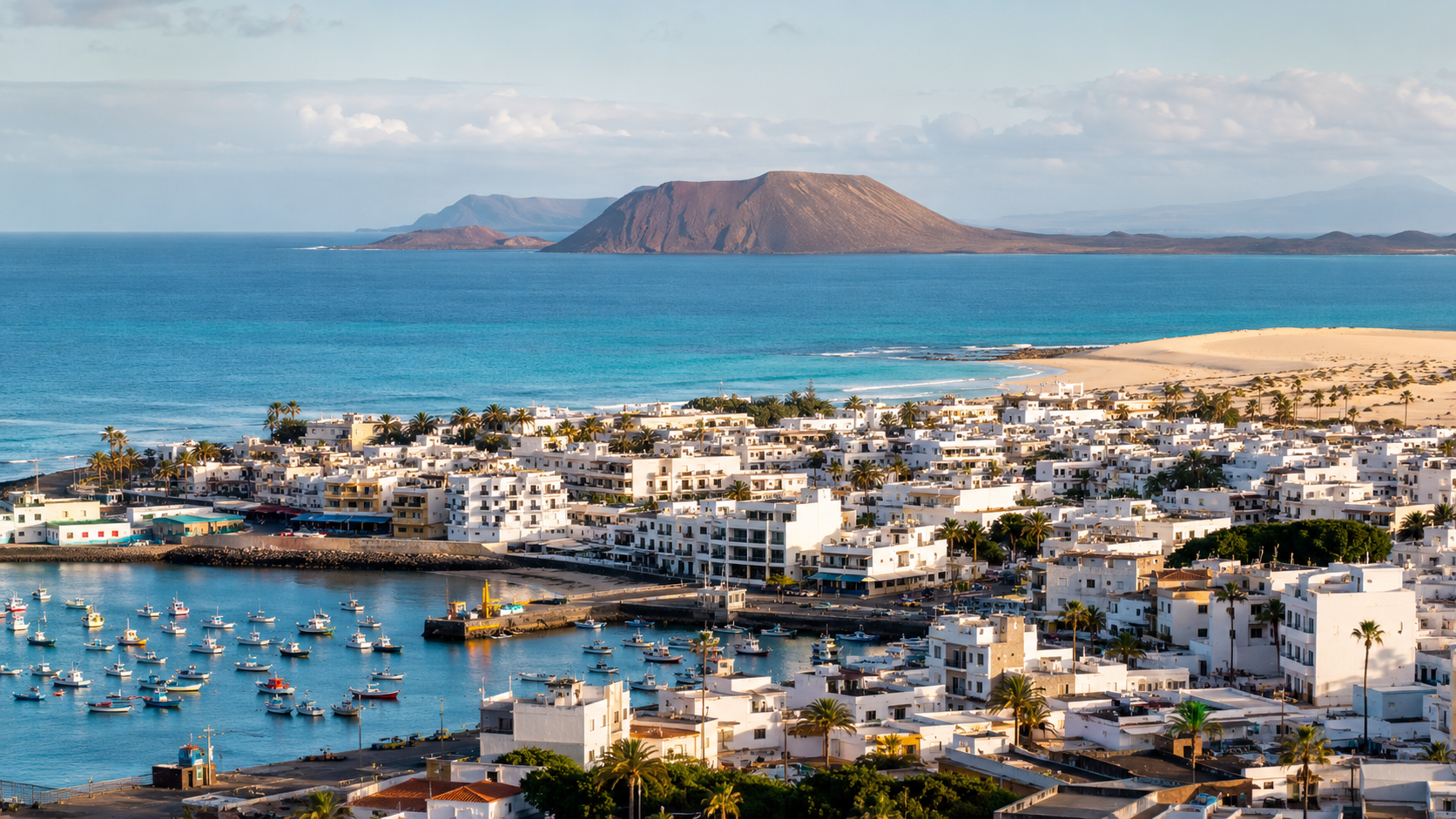 Corralejo harbour, town beaches and Isla de Lobos in Fuerteventura