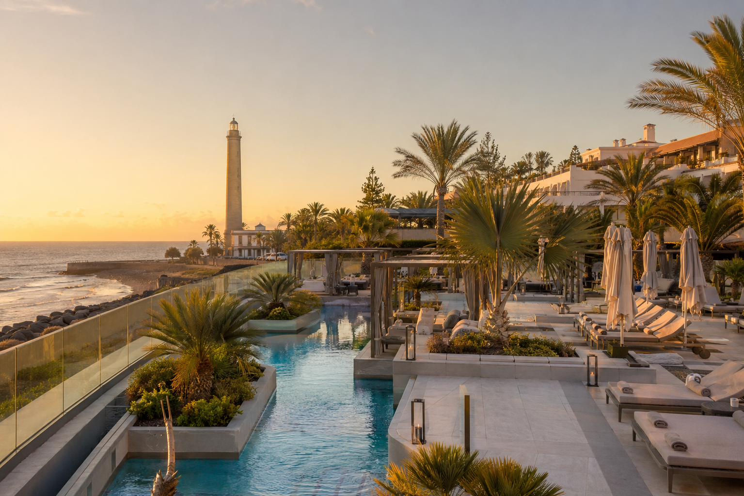 Luxury pool terraces and palm-lined Meloneras promenade near Maspalomas Lighthouse in Gran Canaria
