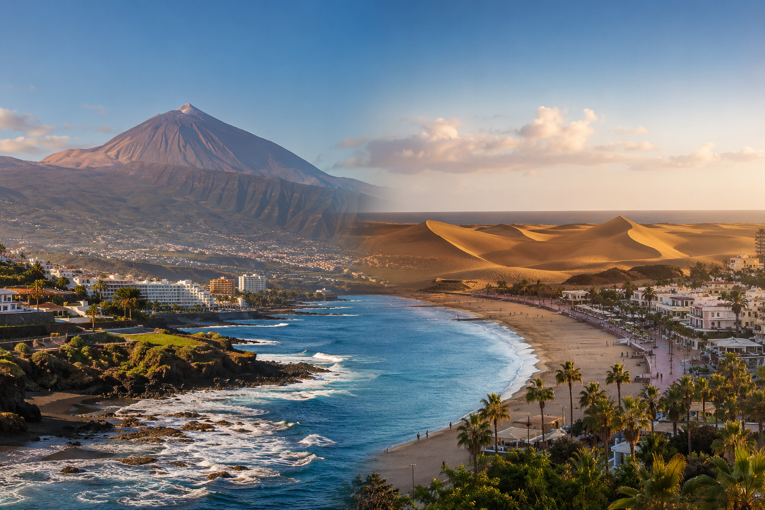 Tenerife and Gran Canaria holiday landscapes with volcanic mountains, beaches and resort coast