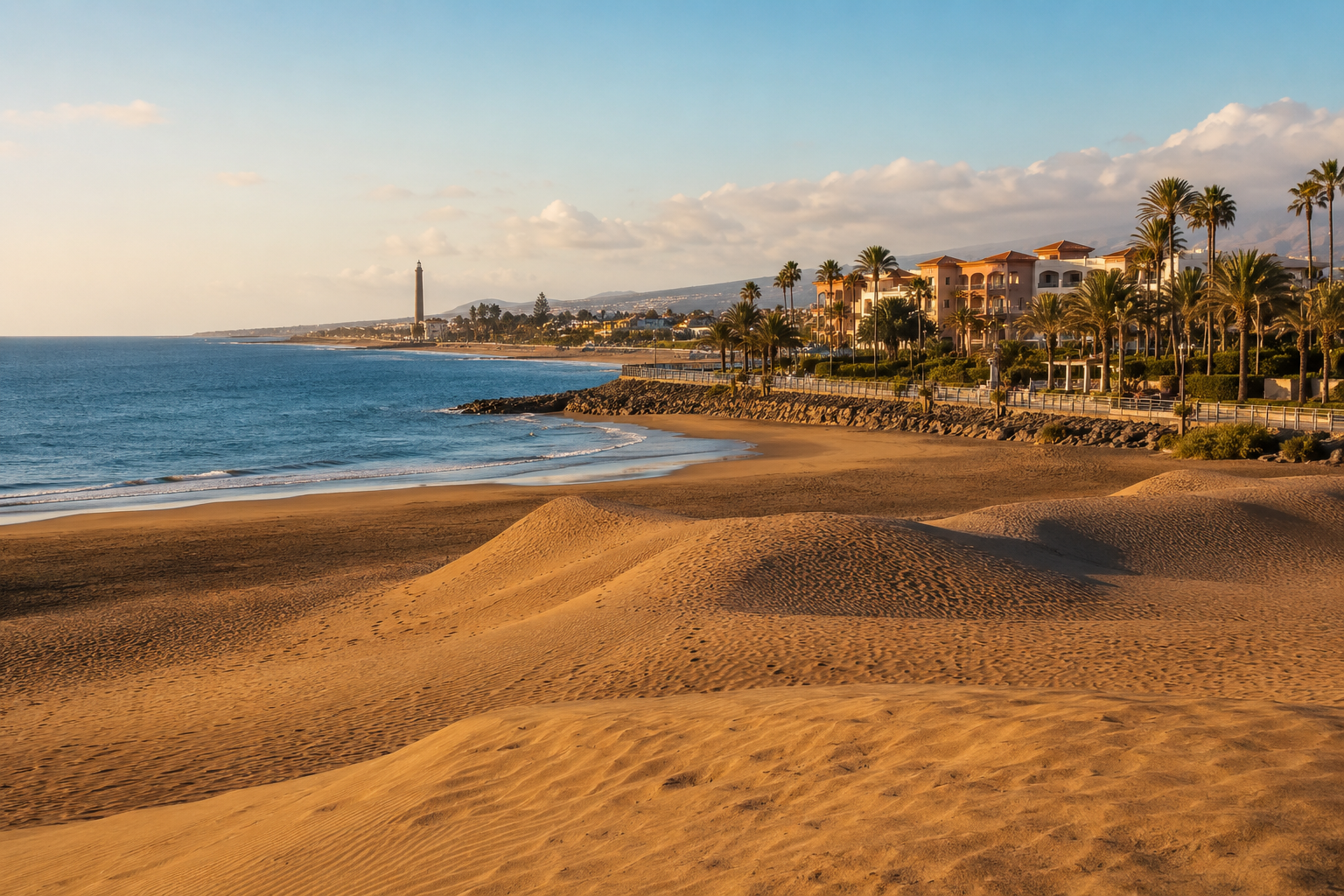Panoramic view of dunes, ocean and a resort area in southern Gran Canaria