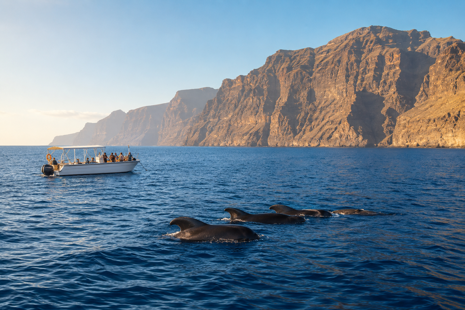 Whale watching boat near pilot whales off the Los Gigantes cliffs in Tenerife
