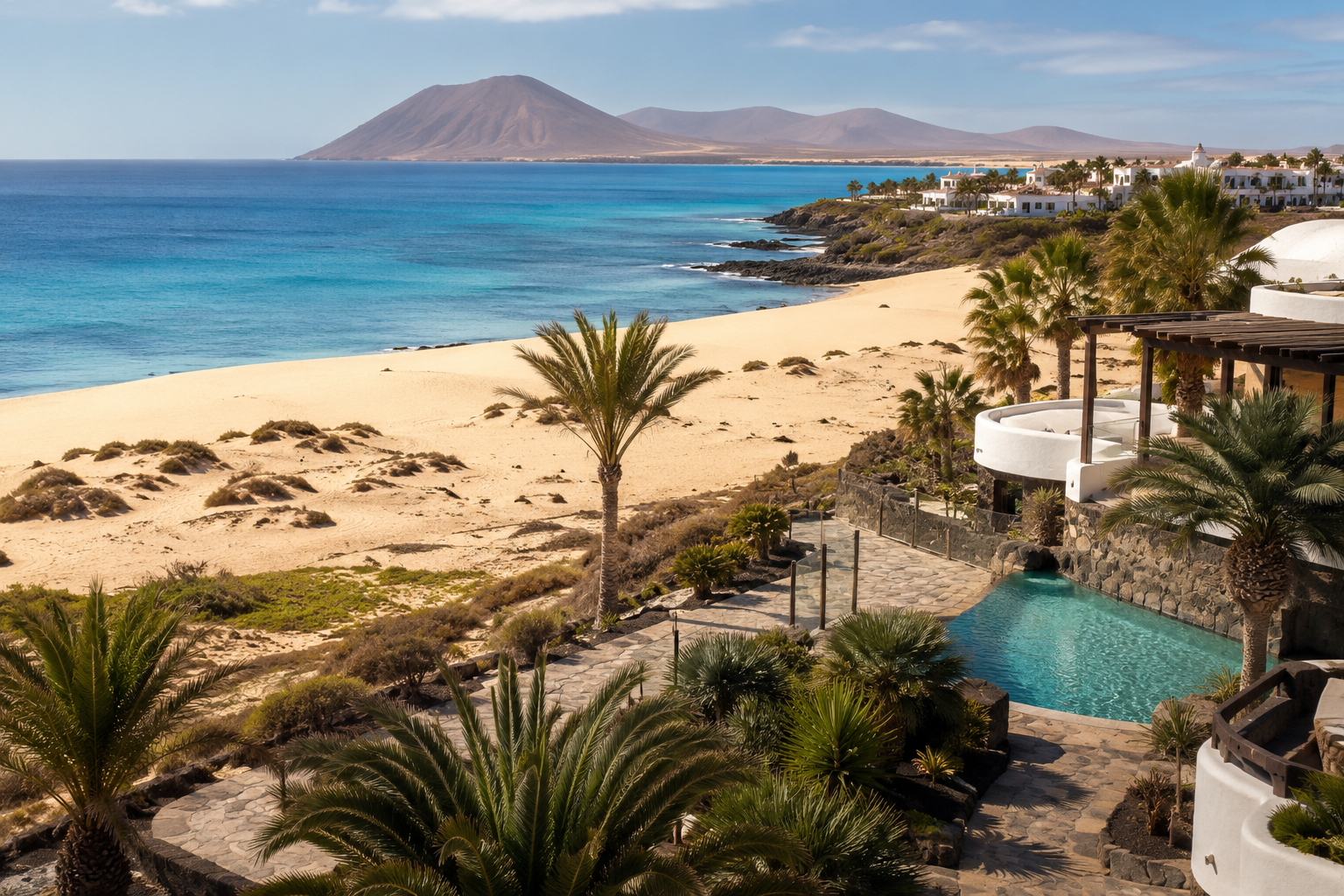 Fuerteventura resort coastline with dunes and turquoise Atlantic water