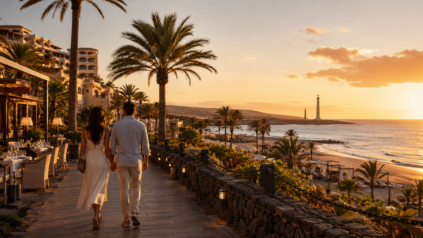 Couple walking on a luxury Canary Islands seafront promenade at sunset, evoking Costa Adeje and Meloneras