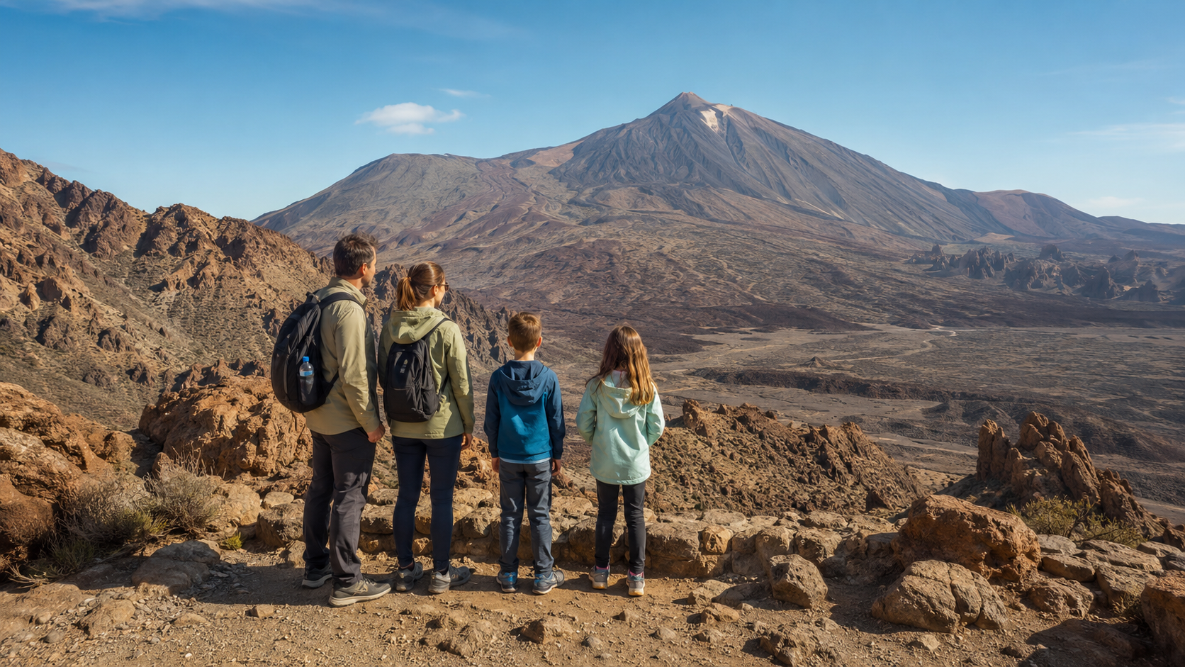 Family looking across the volcanic landscape of Mount Teide National Park in Tenerife