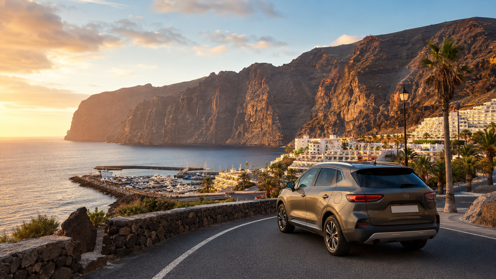 Scenic road transfer view toward the Los Gigantes cliffs on Tenerife west coast