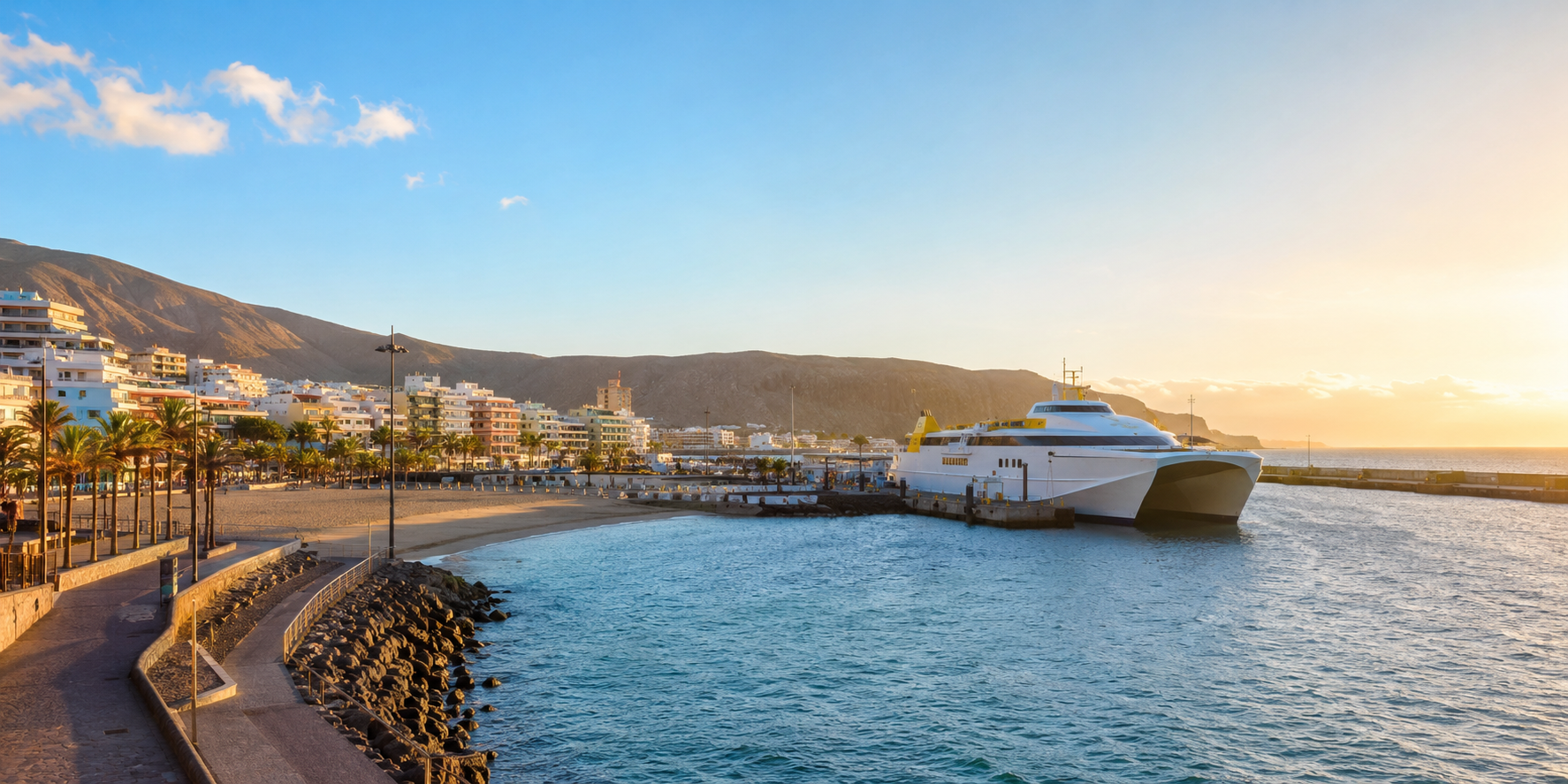 Los Cristianos ferry port in Tenerife with a fast ferry for La Gomera in the harbour
