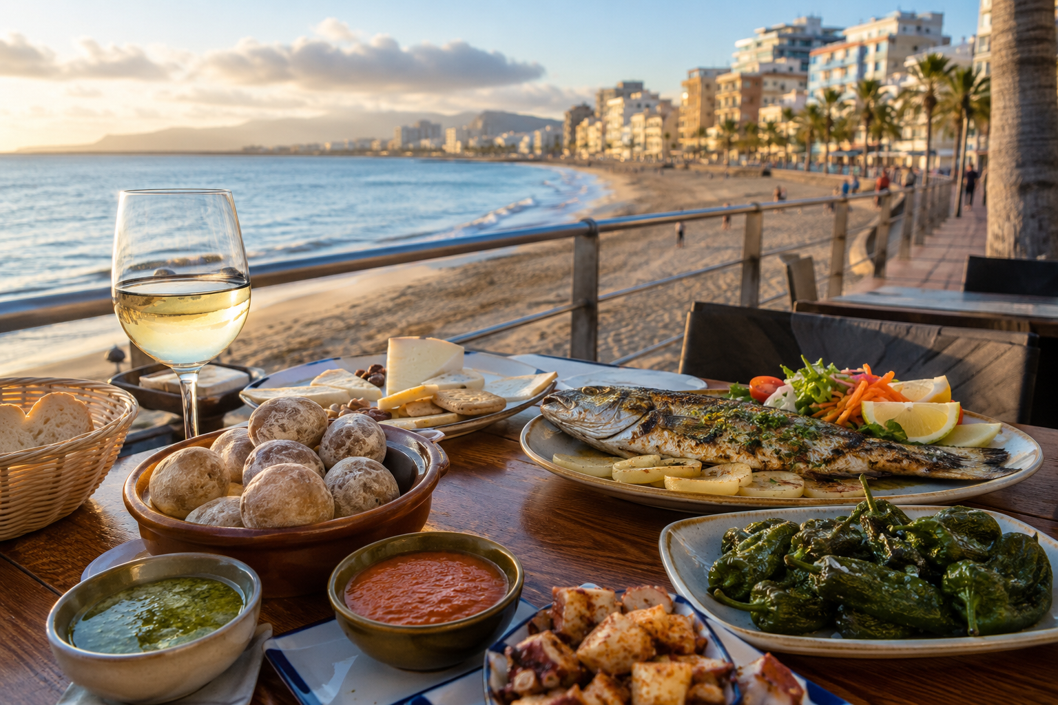Canarian tapas and seafood on a restaurant terrace near Las Canteras beach in Las Palmas de Gran Canaria