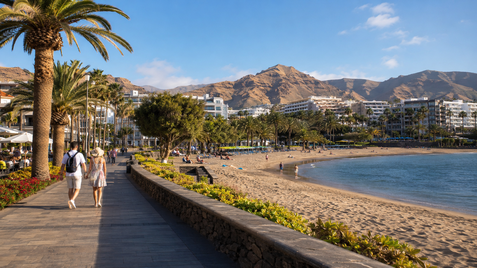 Sunny winter resort promenade and beach in the Canary Islands