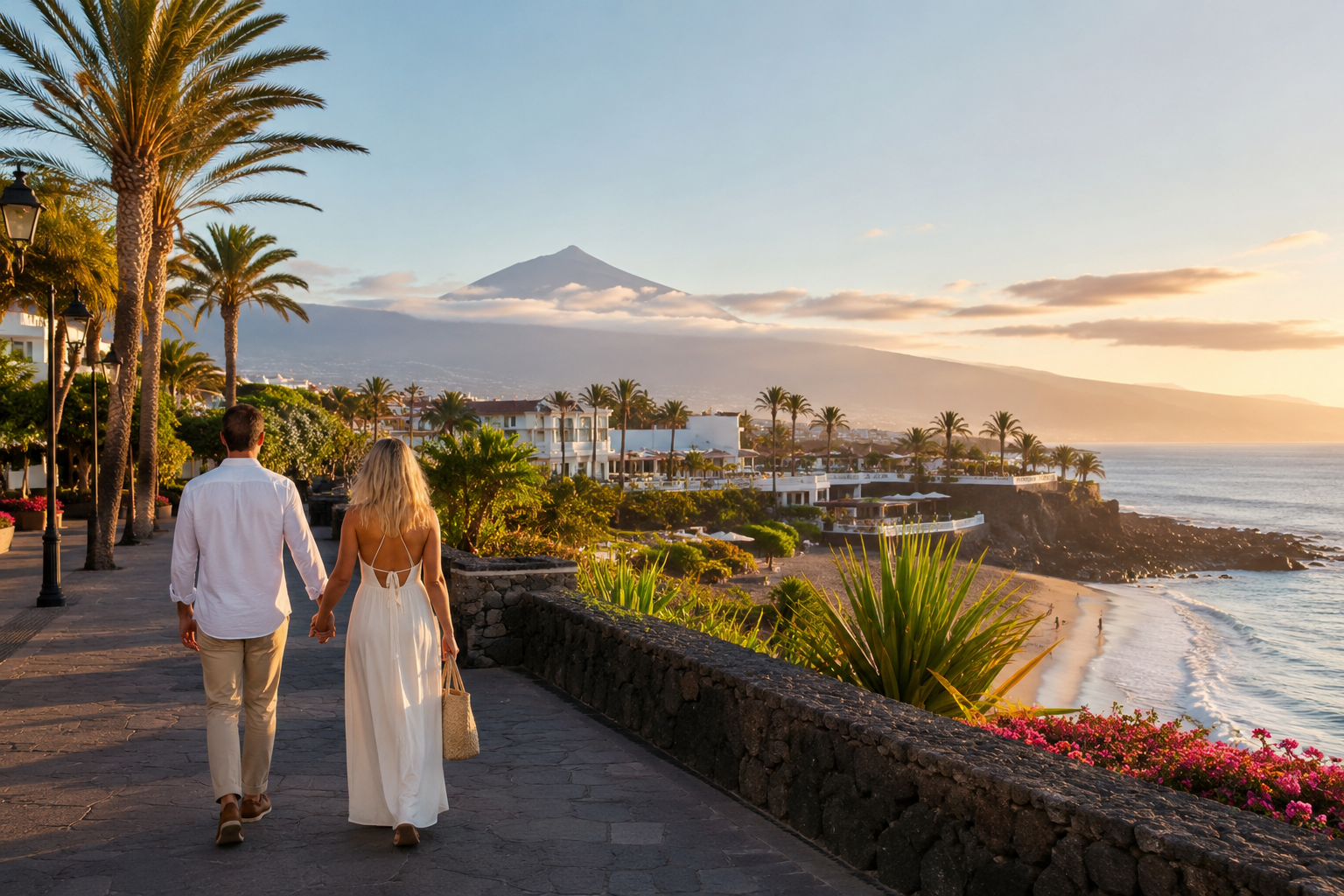 Couple walking along a seafront promenade in Tenerife at sunset