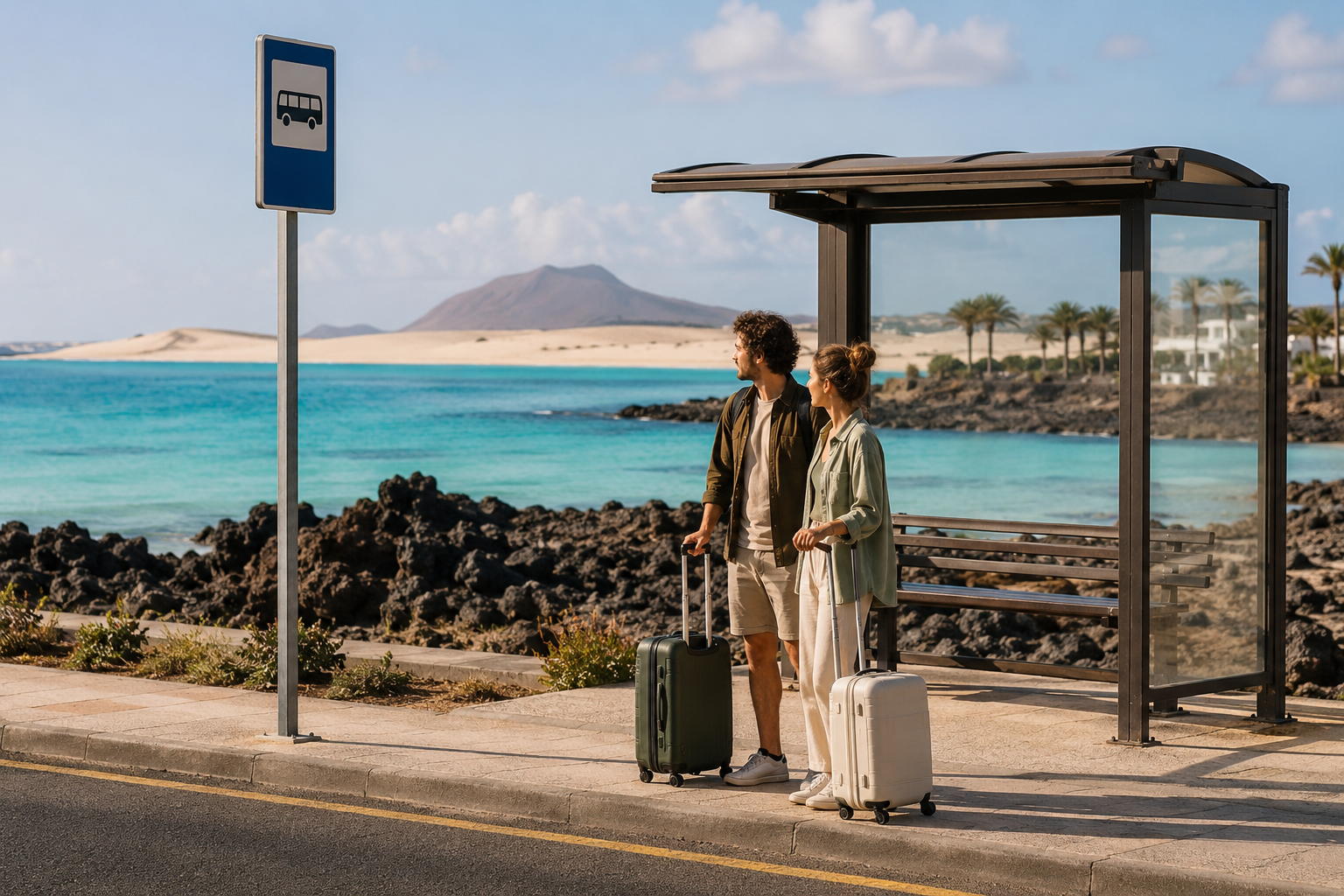 Travellers at a coastal bus stop in Fuerteventura for a car-free holiday