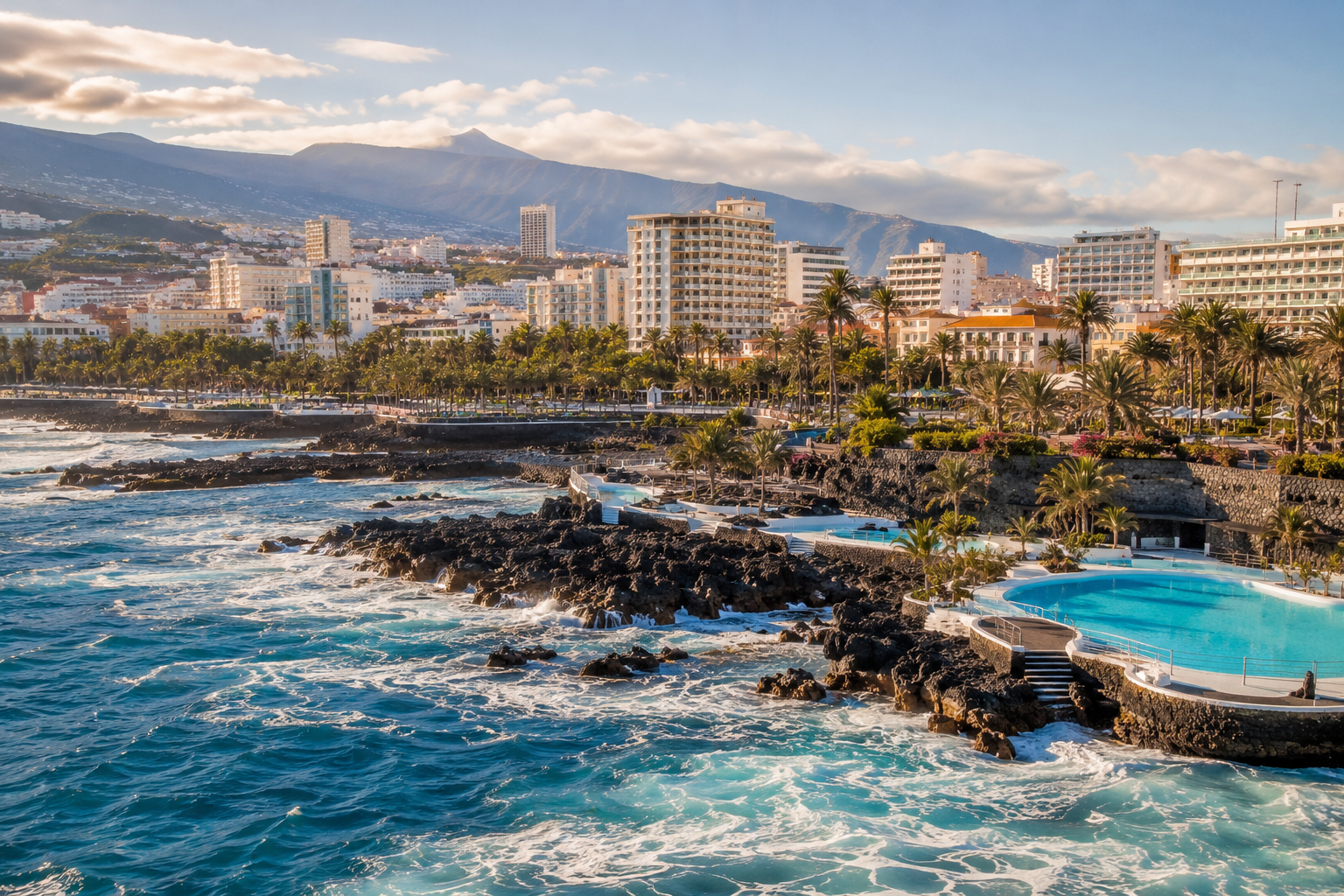 Seafront hotels and Lago Martianez pools in Puerto de la Cruz, Tenerife