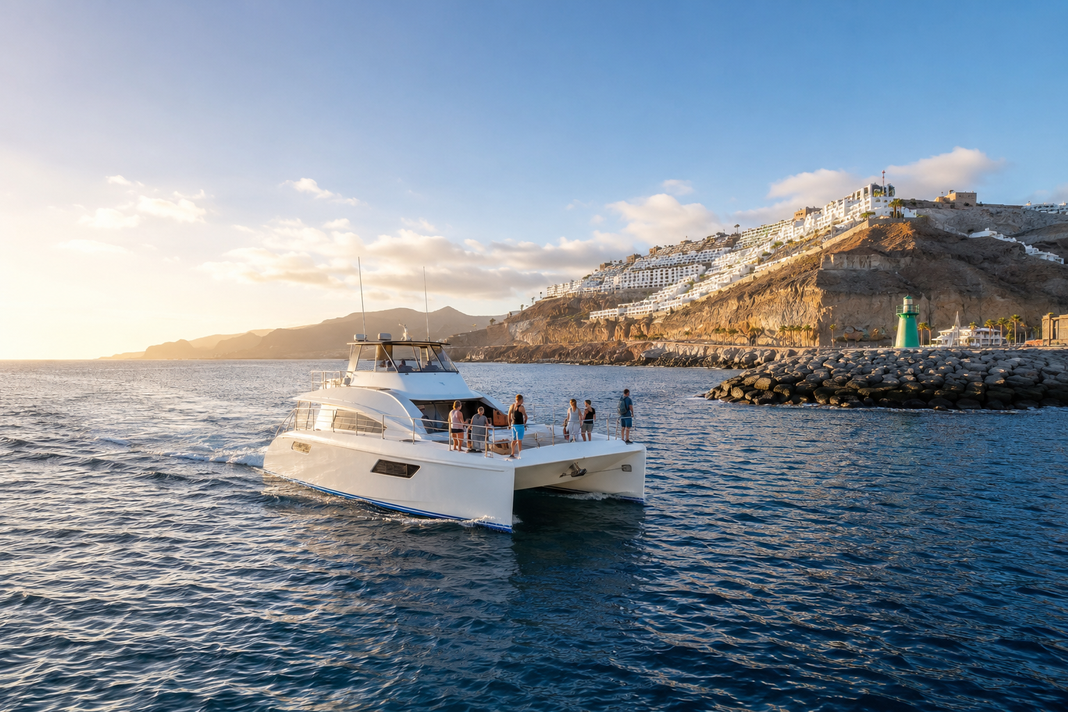 Dolphin-watching catamaran leaving Puerto Rico harbour in Gran Canaria