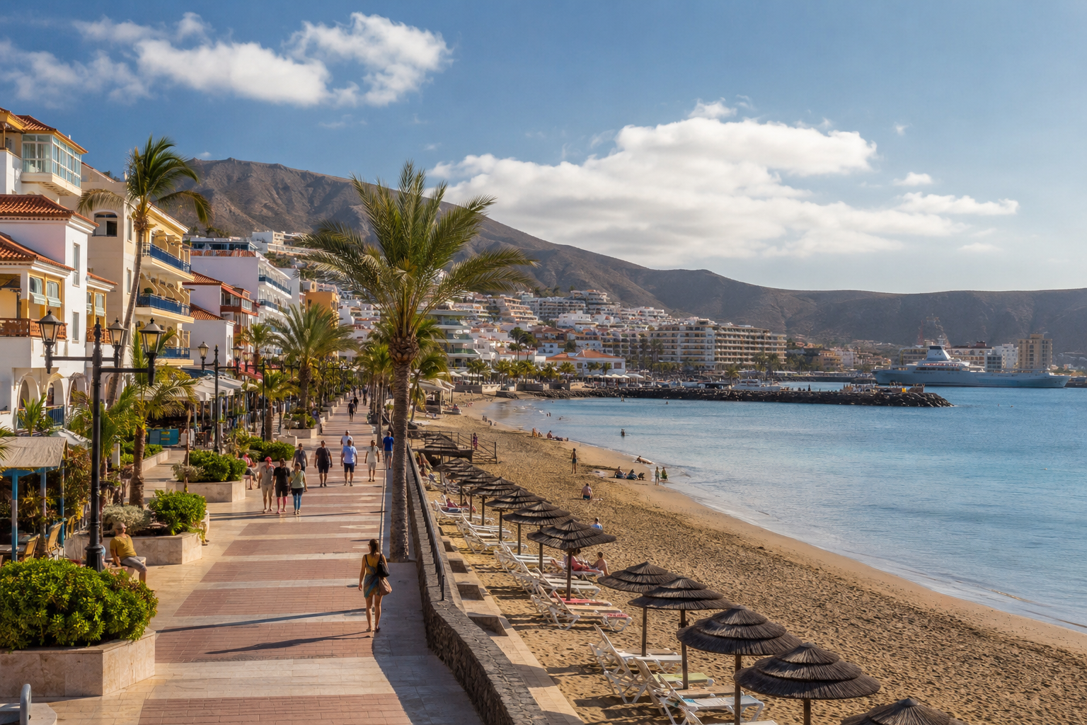 Sunny south Tenerife promenade and beach scenery for Los Cristianos and Costa Adeje holidays