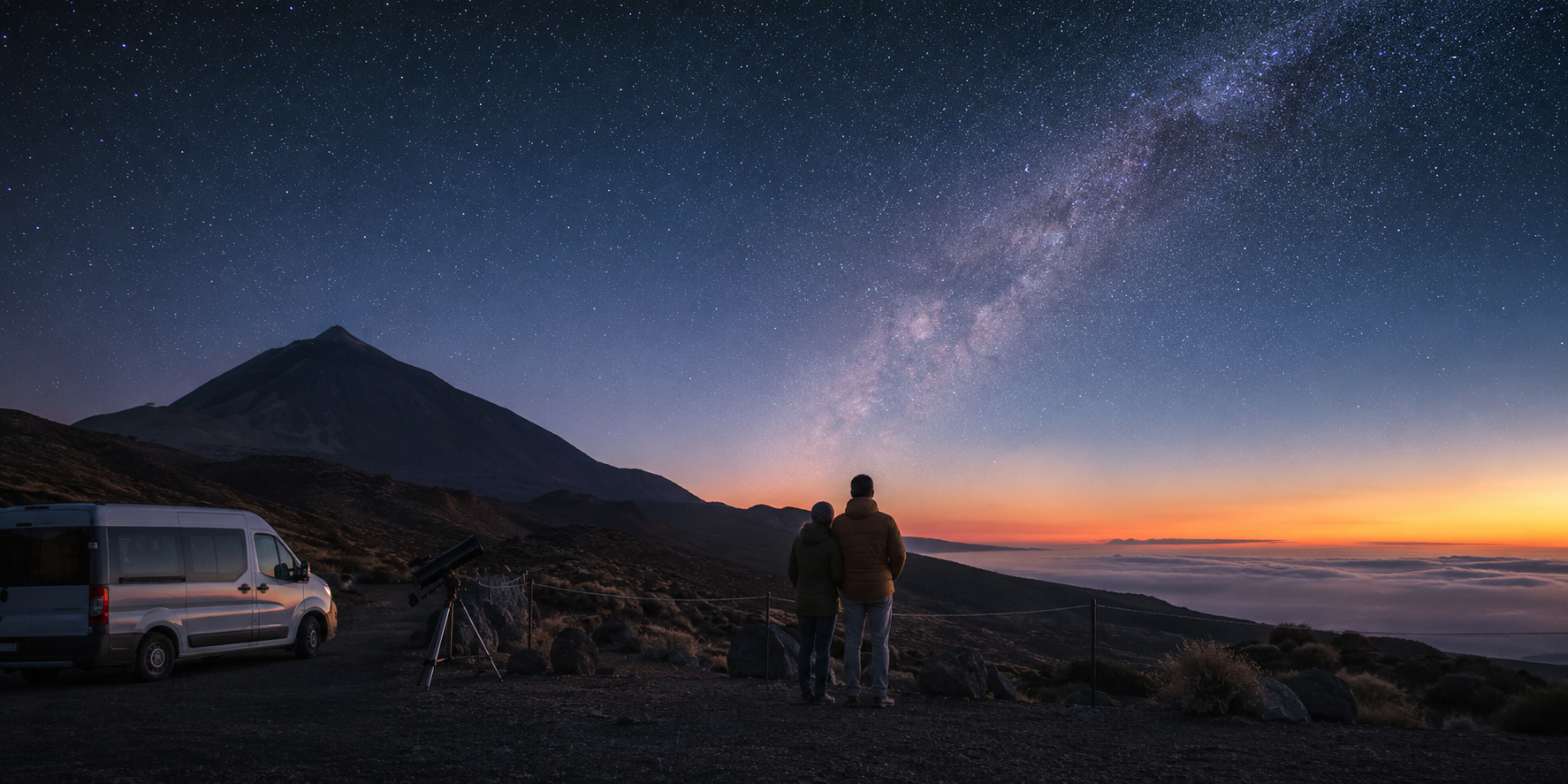 Couple watching the stars at Mount Teide in Tenerife at blue hour