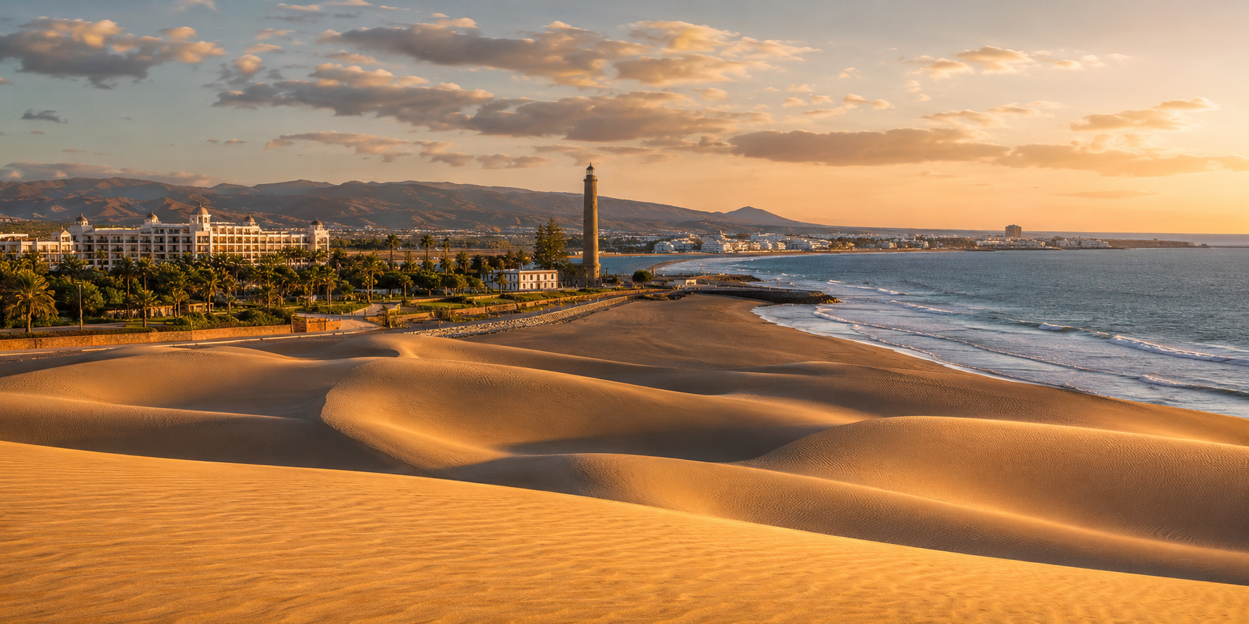 Maspalomas dunes, lighthouse and southern Gran Canaria resort coastline near Meloneras and Playa del Ingles