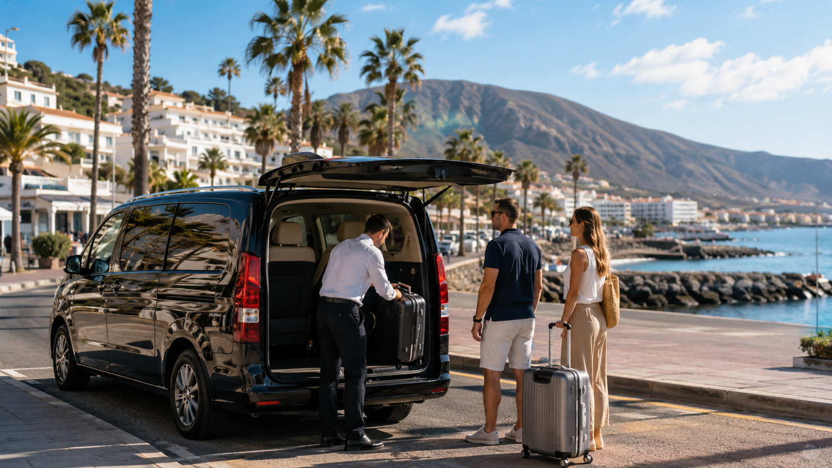 Airport transfer vehicle arriving near Los Cristianos in south Tenerife with luggage and coastal resort scenery