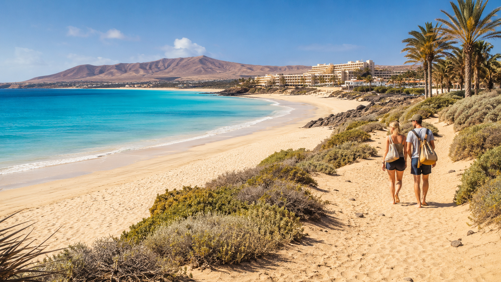 Costa Calma beach path and resort hotels for a car-free Fuerteventura holiday