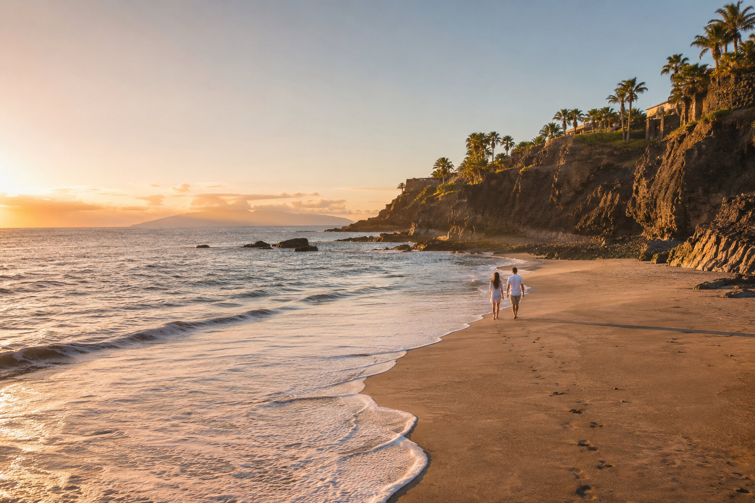 Quiet Tenerife beach cove at golden hour for couples planning a peaceful coastal stay